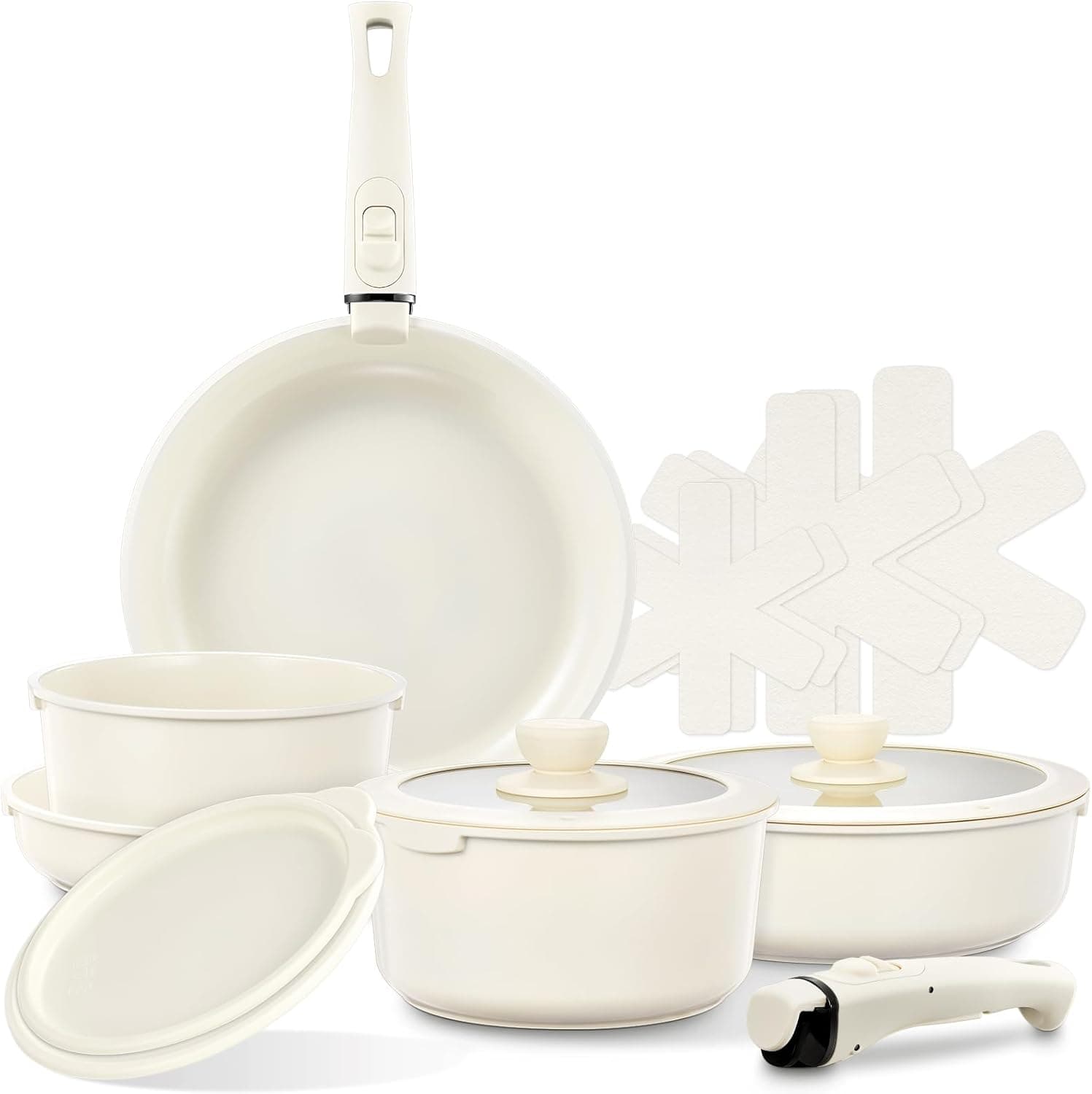 FOHERE Conjunto de Panelas 16 Peças | Frigideiras e tachos com revestimento cerâmico antiaderente, cabos removíveis e compatibilidade com indução, forno e máquina de lavar loiça