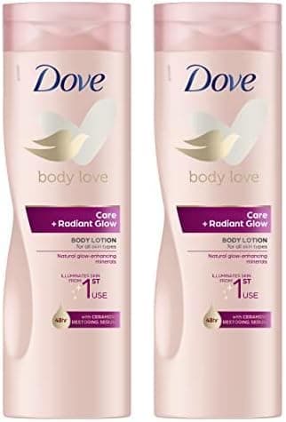 Dove Creme hidratante corporal iluminadora Care Radiant Glow com soro restauração de eramidas e minerais naturais para todos os tipos de pele, 400 ml x 2