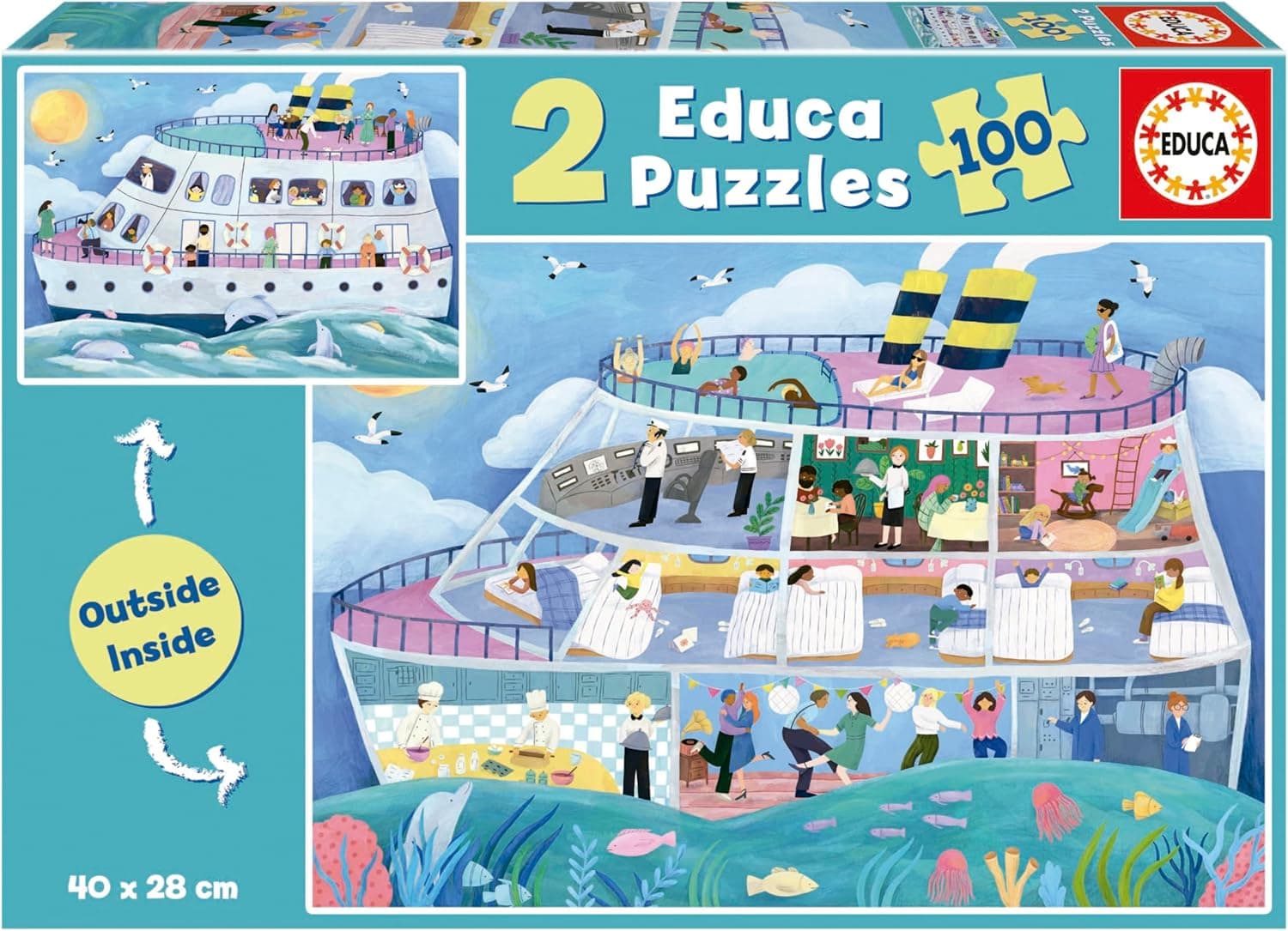 Educa - Barco Outside/Inside | Conjunto de 2 puzzles infantis com 100 peças repletas de detalhes do exterior e interior. Medidas: 40 x 28 cm. Recomendado a partir de 6 anos (19958)