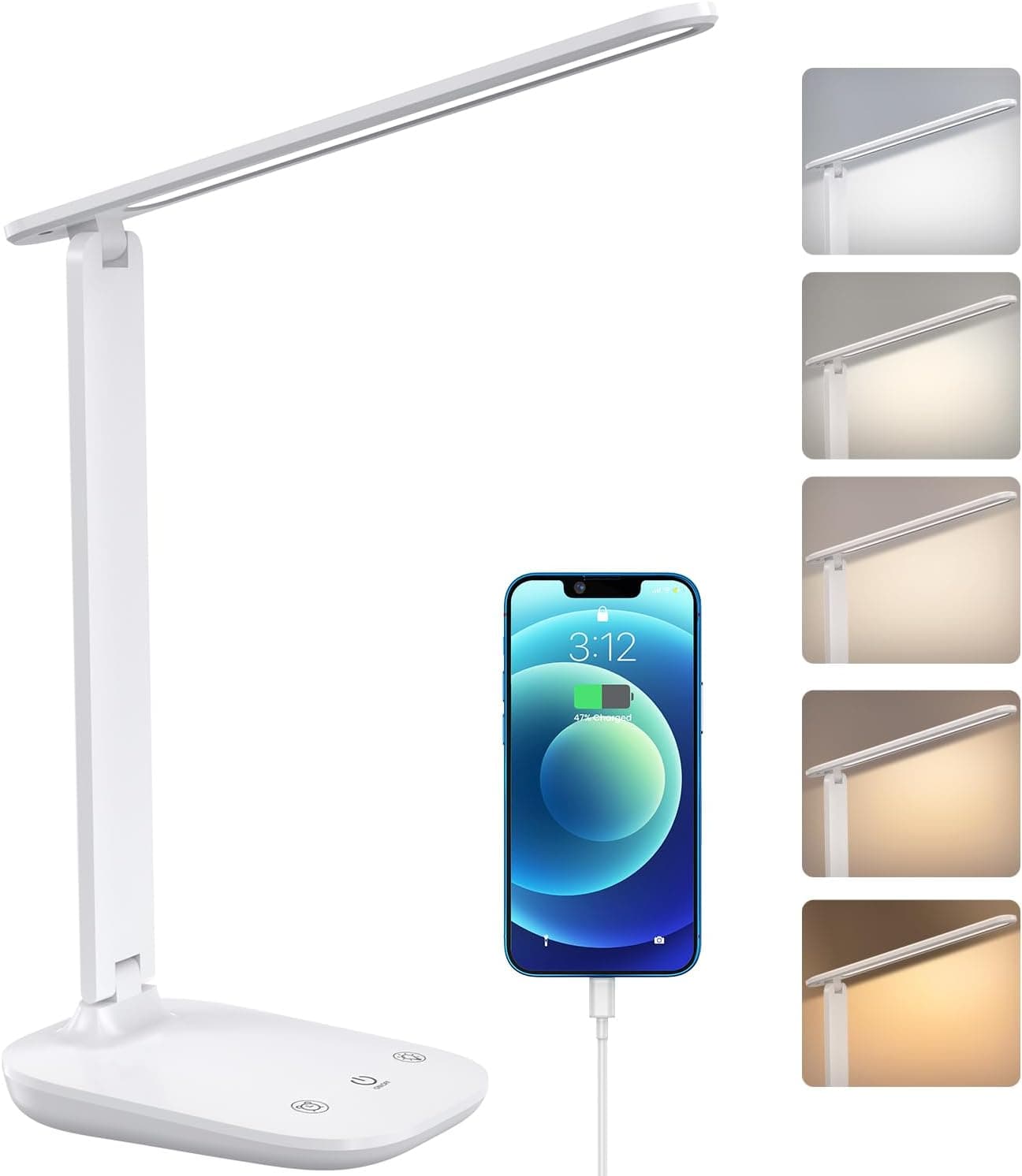 Candeeiro de mesa LED, dobrável Flexo LED secretária 5 modos de brilho e atenuação contínua, candeeiro LED de secretária com porta de carregamento USB, controlo tátil, cuidado ocular, para estudar