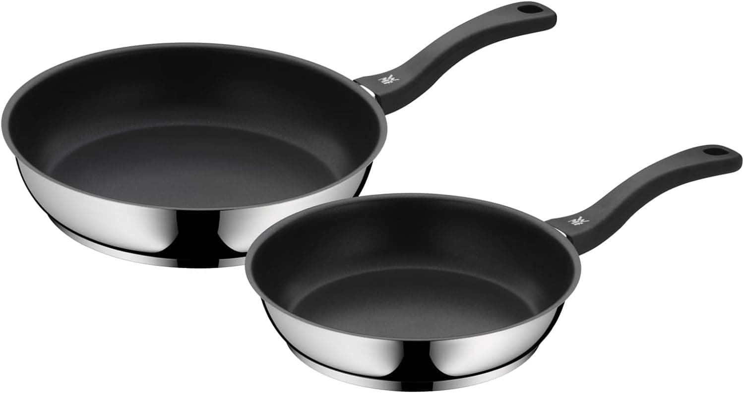 WMF Devil Conjunto de 2 frigideiras anti-aderentes 24 - 28 cm, frigideira de aço inoxidável e revestimento antiaderente para todos os tipos de cozinhas incluídas indução, sem PFOA, cor preta