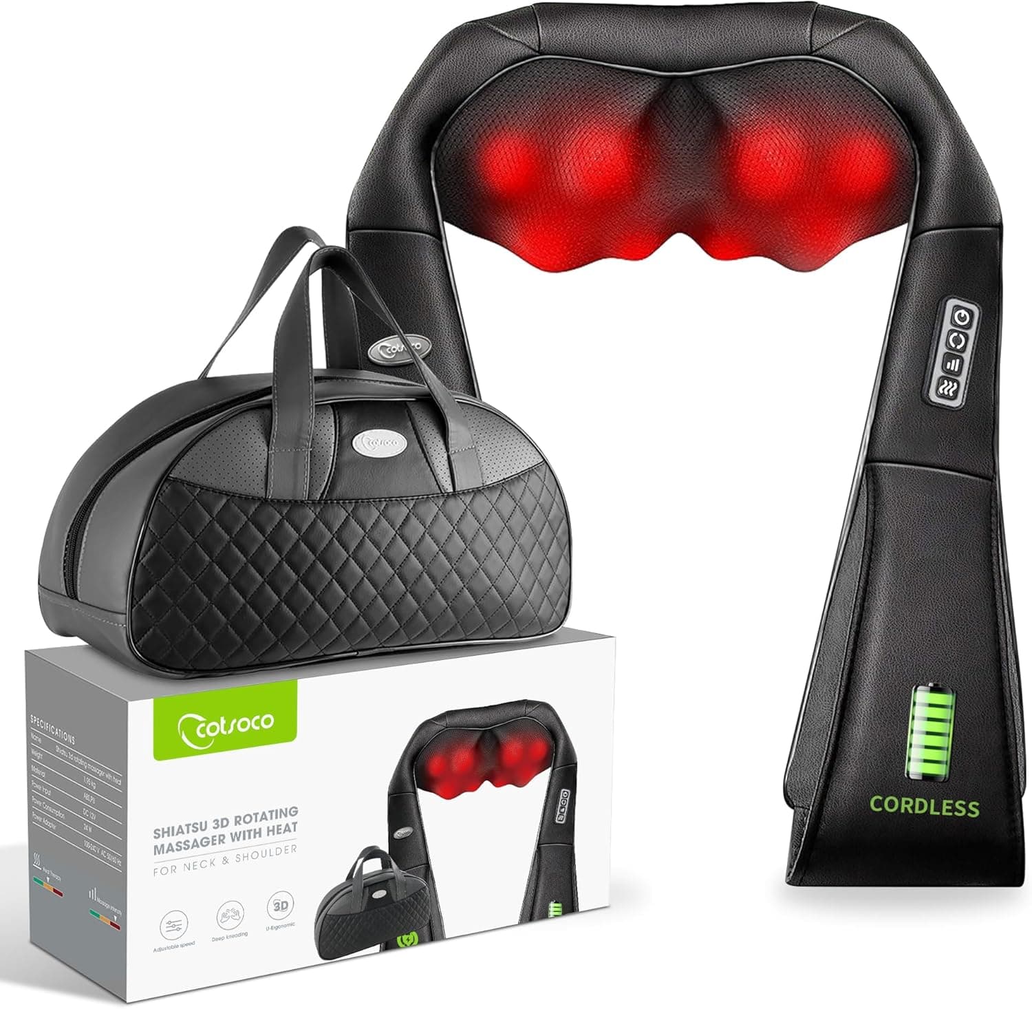 cotsoco massajador sem fios para pescoço e ombros, dispositivo de massagem shiatsu com calor, portátil para alívio da dor no pescoço e nas costas, massagem elétrica, para mulheres, homens, castanho