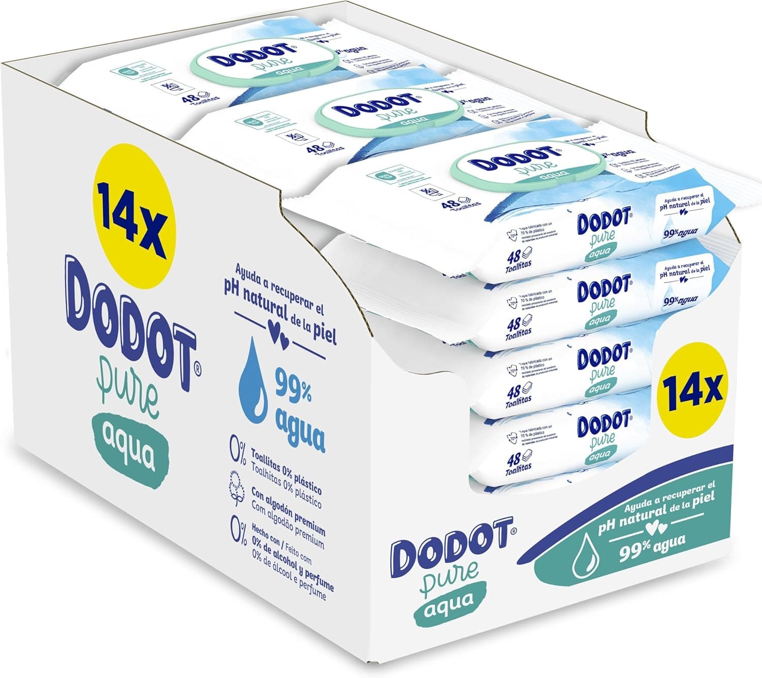 Dodot Toalhetes Pure Aqua para bebé, 0% plástico 14 embalagens de 48 unidades = 672 toalhetes, fabricados com 99% de água para limpeza delicada