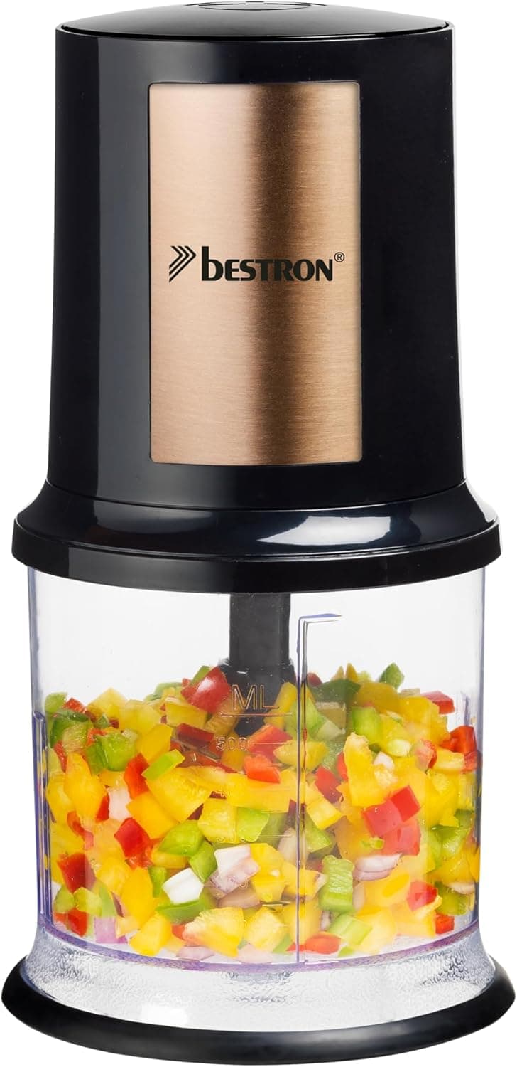 Bestron picadora elétrica, máquina picadora elétrica com duas lâminas de corte e capacidade de 500 ml, botão de pulso grande, 400 watts, AKC200CO, cor: cobre