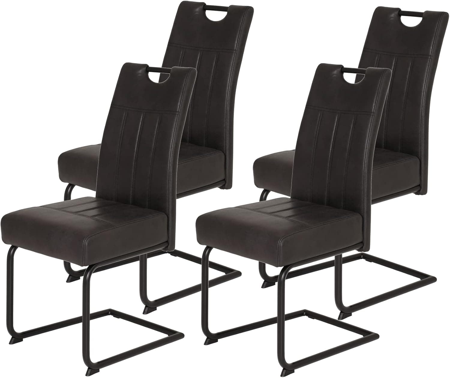 Hela Betty Set de 4 cadeiras de sala de jantar com base em saliência, estofados em microfibra antracite, estrutura de metal preto, encosto com alça