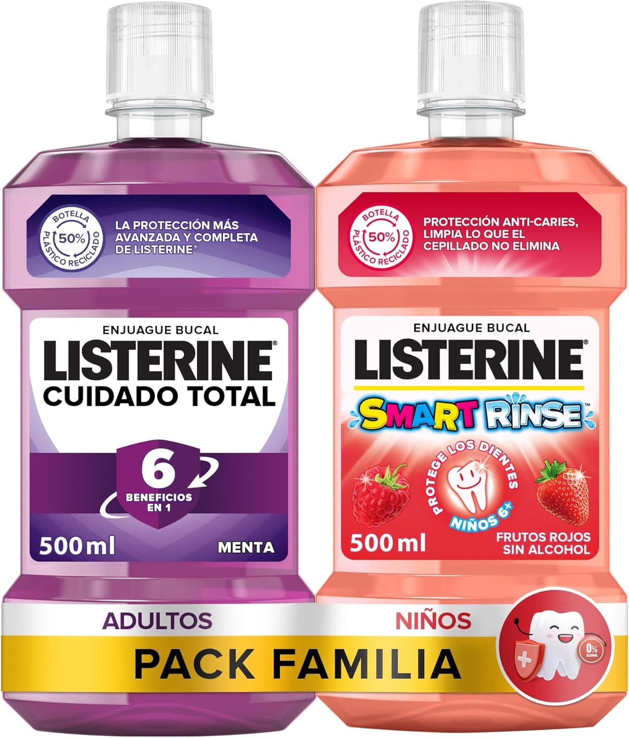 Listerine Family Pack Cuidados Totais + Smart Rinse (2 x 500 ml), conjunto de limpeza bucal com 2 enxaguamentos bucais, elixir bucal cuidado total com 6 benefícios em 1, colutório Smart Rinse para