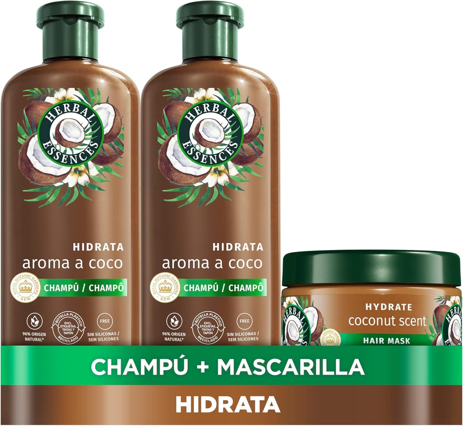 Shampoo Herbal Essences 2x350ml + Máscara 500ml Hidratante Aroma de Coco Para Cabelos Muito Secos, Ajuda a Hidratar Intensamente, Cabelos Macios e Sedosos, Origem Natural, Vegano, Não Testado em Animais