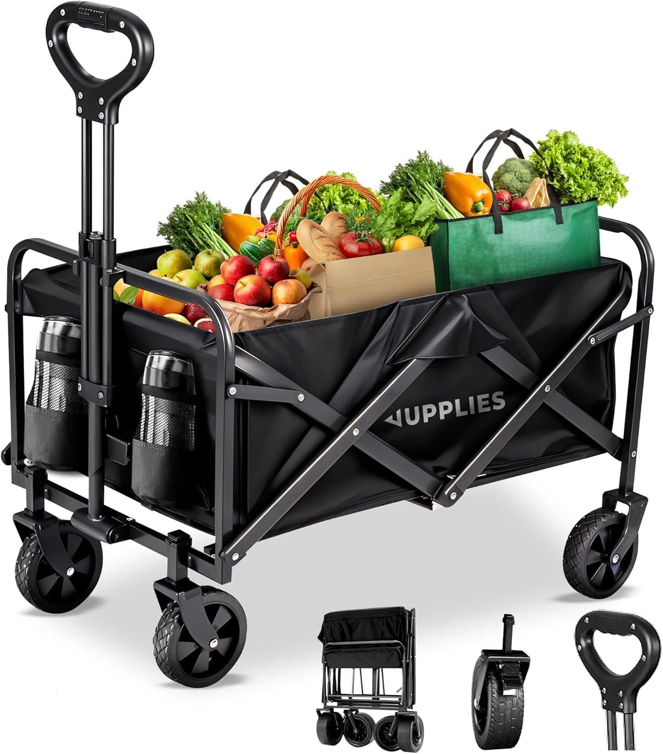 JUPPLIES S | Carrinho de transporte dobrável com rodas grandes para jardim, praia e supermercado, pega telescópica e tecido impermeável até 75 kg
