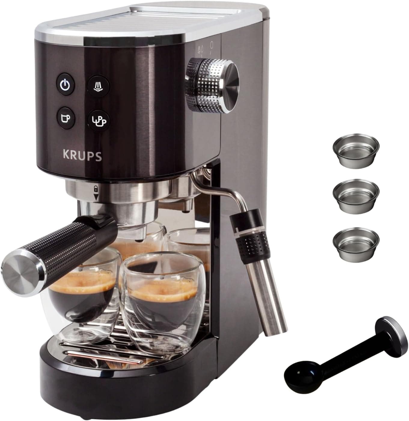 Krups Cafeteira expresso bomba virtuoso essencial, 15 barras de pressão, de vapor duplo, Thermoblock, colher medidor e compactador, preto, XP444G