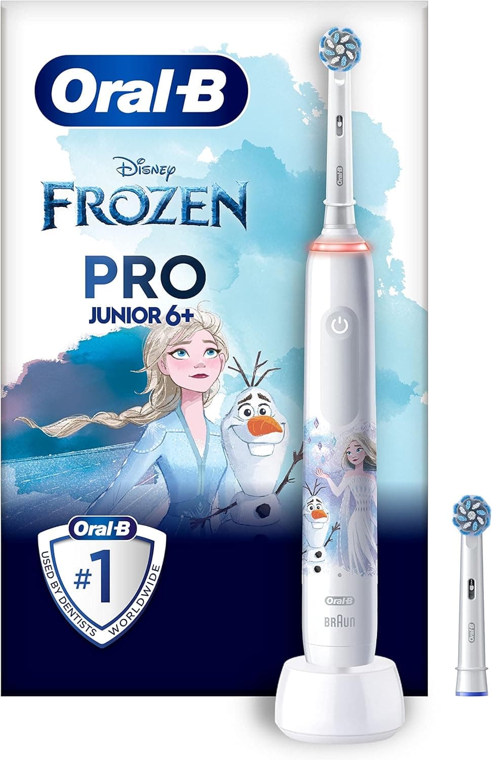 Oral-B Pro Junior Escova de dentes elétrica, 1 cabo de Frozen, 2 cabeças, desenhada por Braun, adequada para crianças com mais de 6 anos, presentes originais