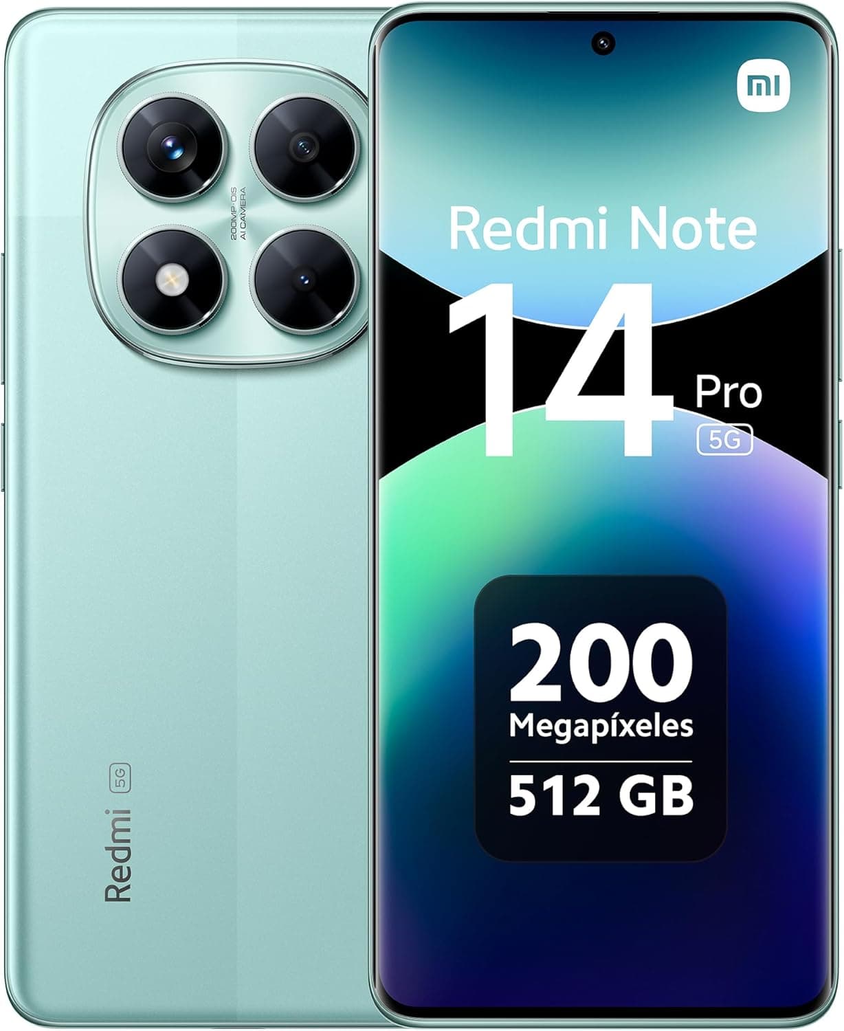Xiaomi Redmi Note 14 Pro 5G, Smartphone de 12+512 GB, ecrã de 6,67" AMOLED FHD+ 120Hz, MediaTek Dimensity 7300-Ultra, câmara de 200 MP, TurboCharge 45 W, carregador não incluído, verde 