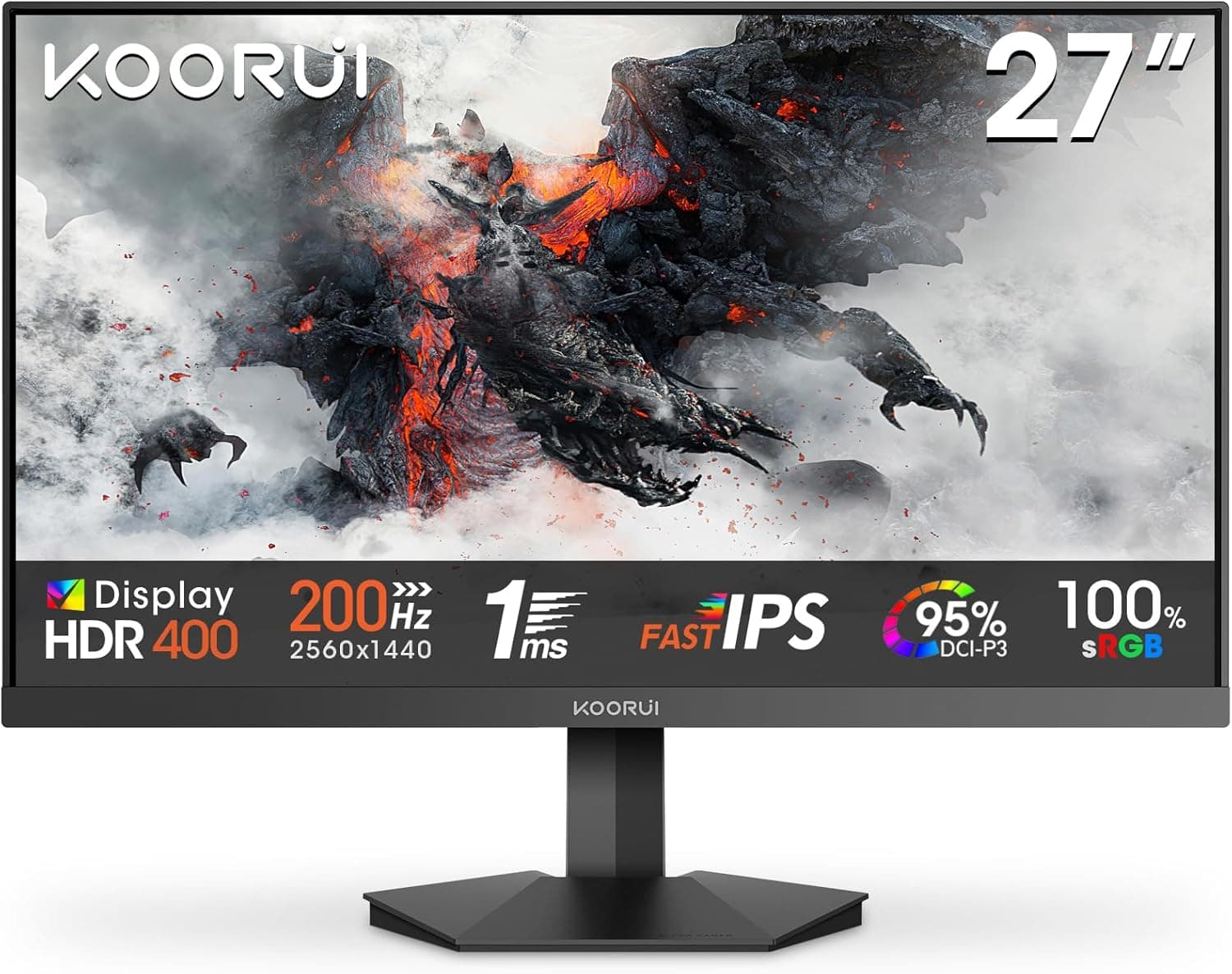 KOORUI G2721P Monitor Gaming Quad HD Fast IPS de 27 polegadas, 2560 x 1440, 200 Hz, 1 ms, adaptador Sync, HDR400, inclinação, cuidado dos olhos, VESA 75 x 75 mm, 2 x HDMI 2.0, DP 1,4