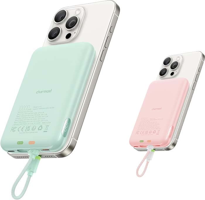 Charmast - Bateria externa (10000 mAh, carregamento rápido, 20 W, com cabo integrado, carregador magnético portátil sem fios com ecrã LED, compatível com iPhone Samsung (Qing)