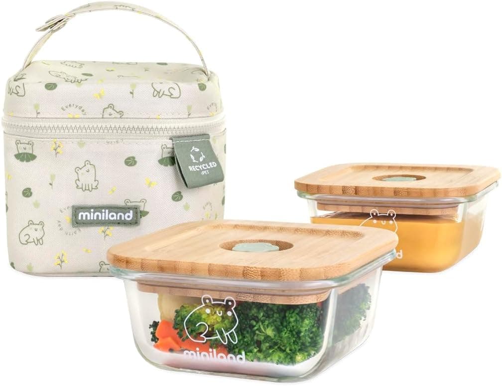 Miniland Pack de 2 Go Ecosquare Frog FSC. Conjunto de duas caixas herméticas de vidro em capa de têxtil reciclado