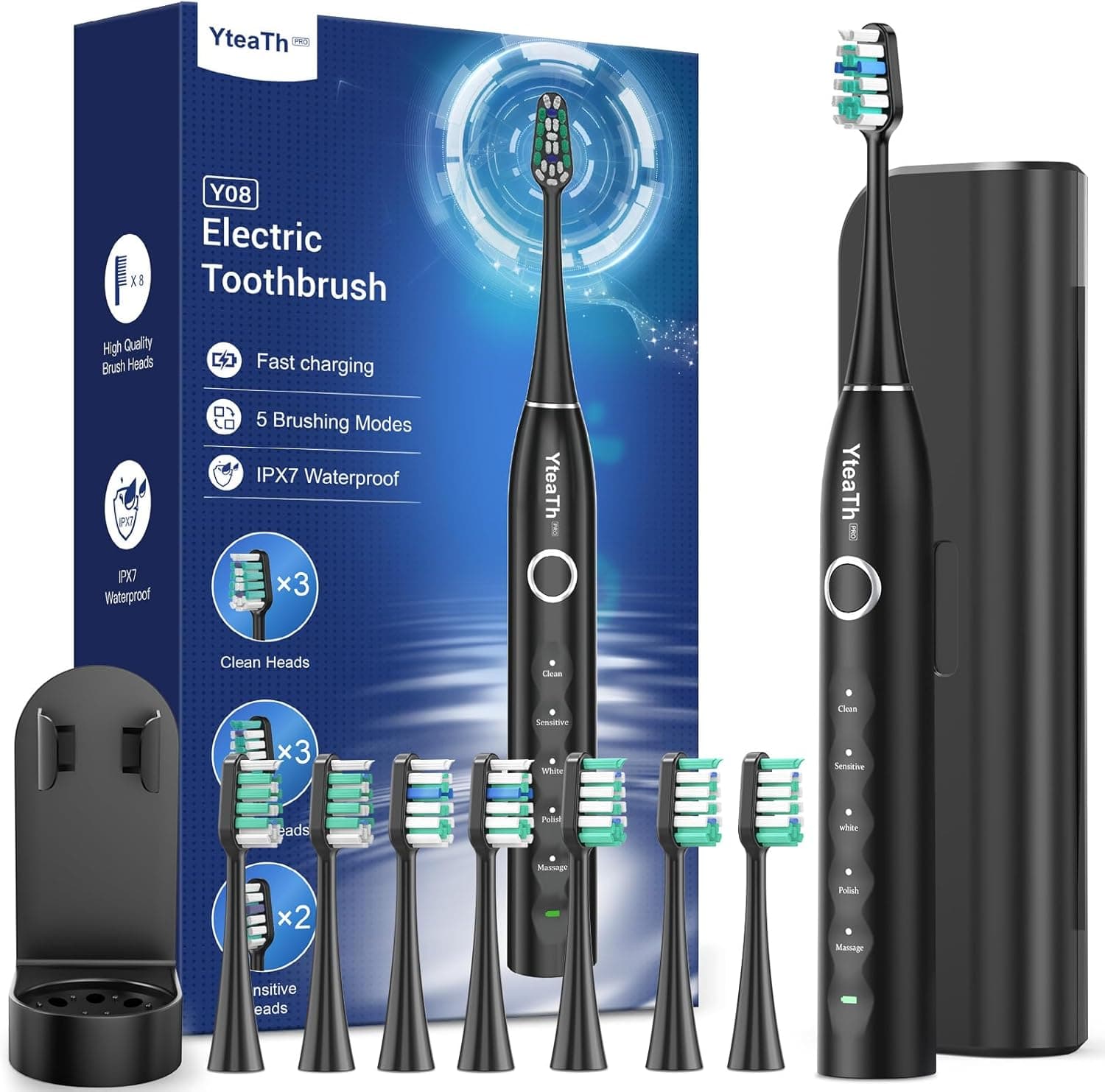 Escova de dentes elétrica sónica para adultos com 8 cabeças - escova elétrica sónica para adultos com estojo, 5 modos, IPX7 impermeável, escova de dentes elétrica viagem recarregável, preto mate