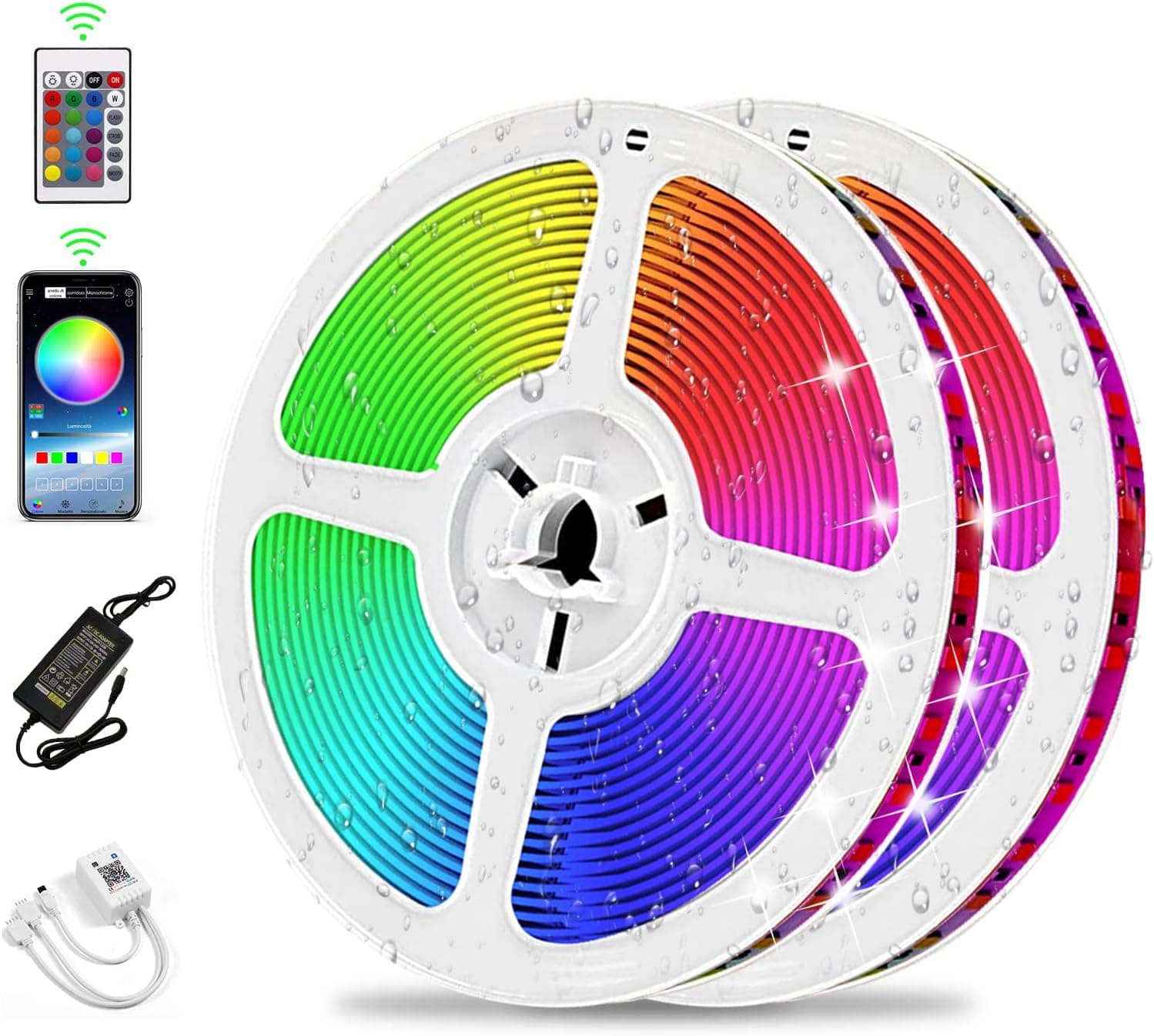 Tiras LED, 10 m impermeáveis luzes LED RGB, faixa de luz com controlador Bluetooth e controlo remoto, sincronização com música, faixa de luz para decoração de interiores e exteriores