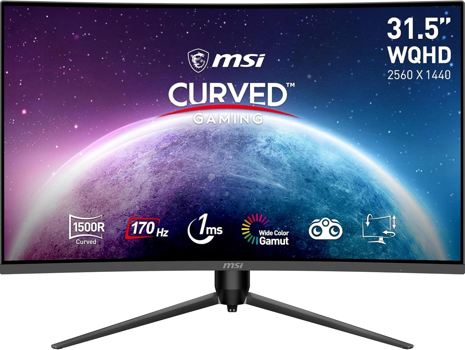 Msi G32CQ5P Monitor curvo Gaming WQHD de 31,5 polegadas, painel VA 1500R 2560 x 1440, 170Hz/1 ms, adaptador Sync, ajustável em 3 direções