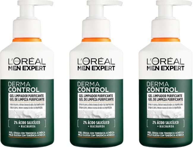 L'ORÉAL Paris Men Expert Derma Control Gel Limpador purificador com ácido salicílico e niacinamida para peles gordas com tendência acnéica