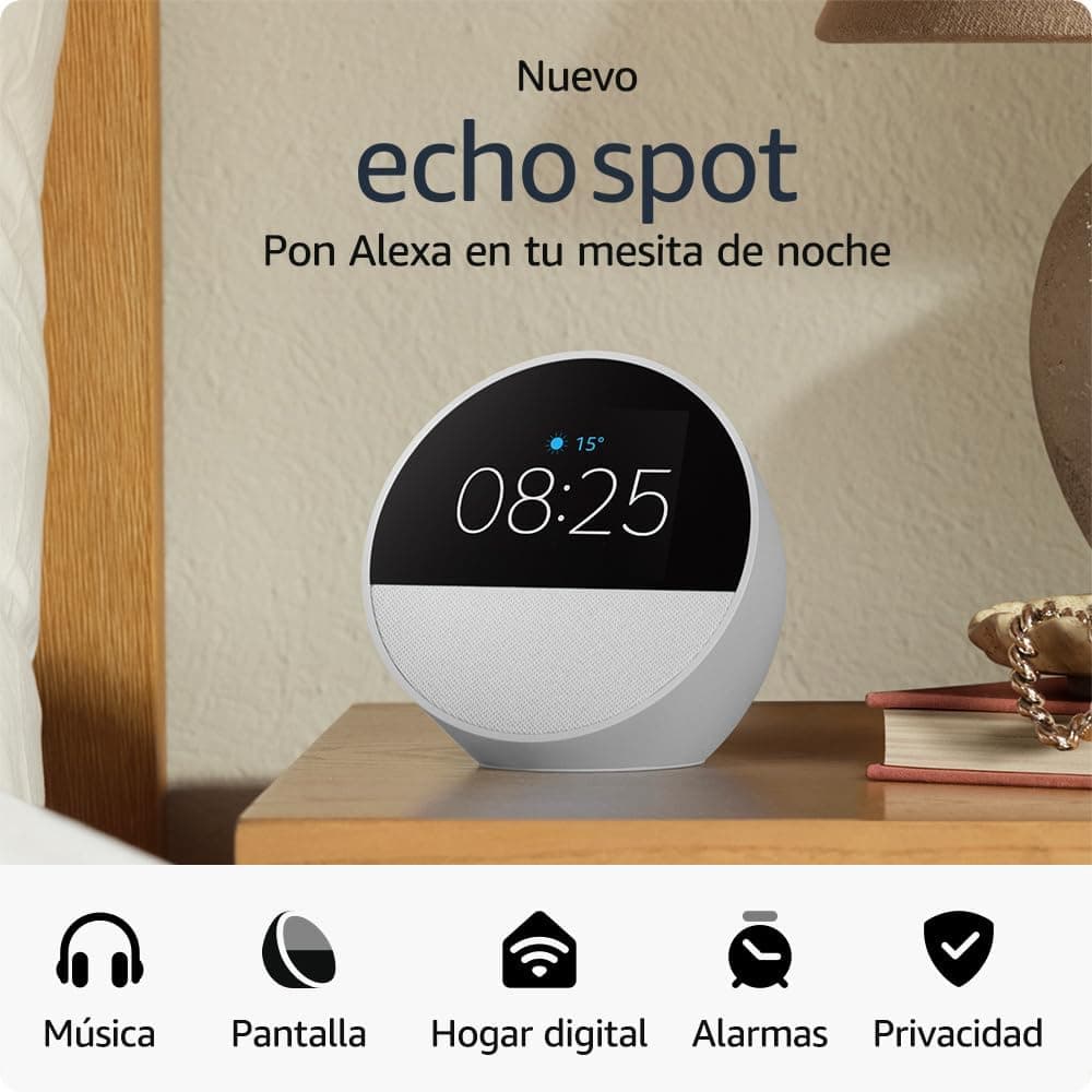 Novo Echo Spot (lançamento de 2024), Relógio inteligente com alarme e som vibrante + Alexa, Branco