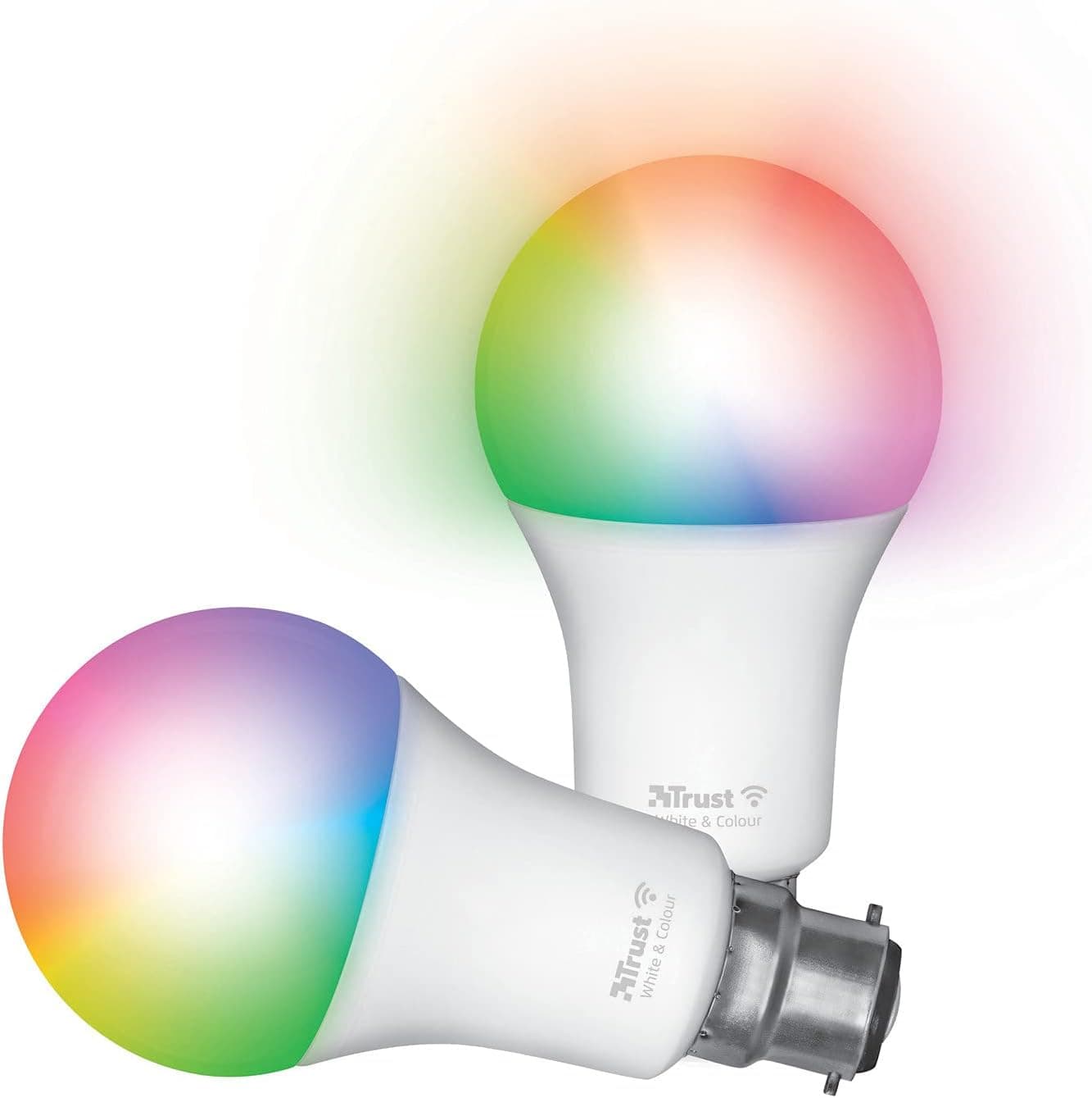 Trust WiFi B22 Lâmpada LED, compatível com Alexa e Google Home, luz LED mudança de cor, sem hub, 2,4 GHz lâmpada LED branca e em cores, pack de 2