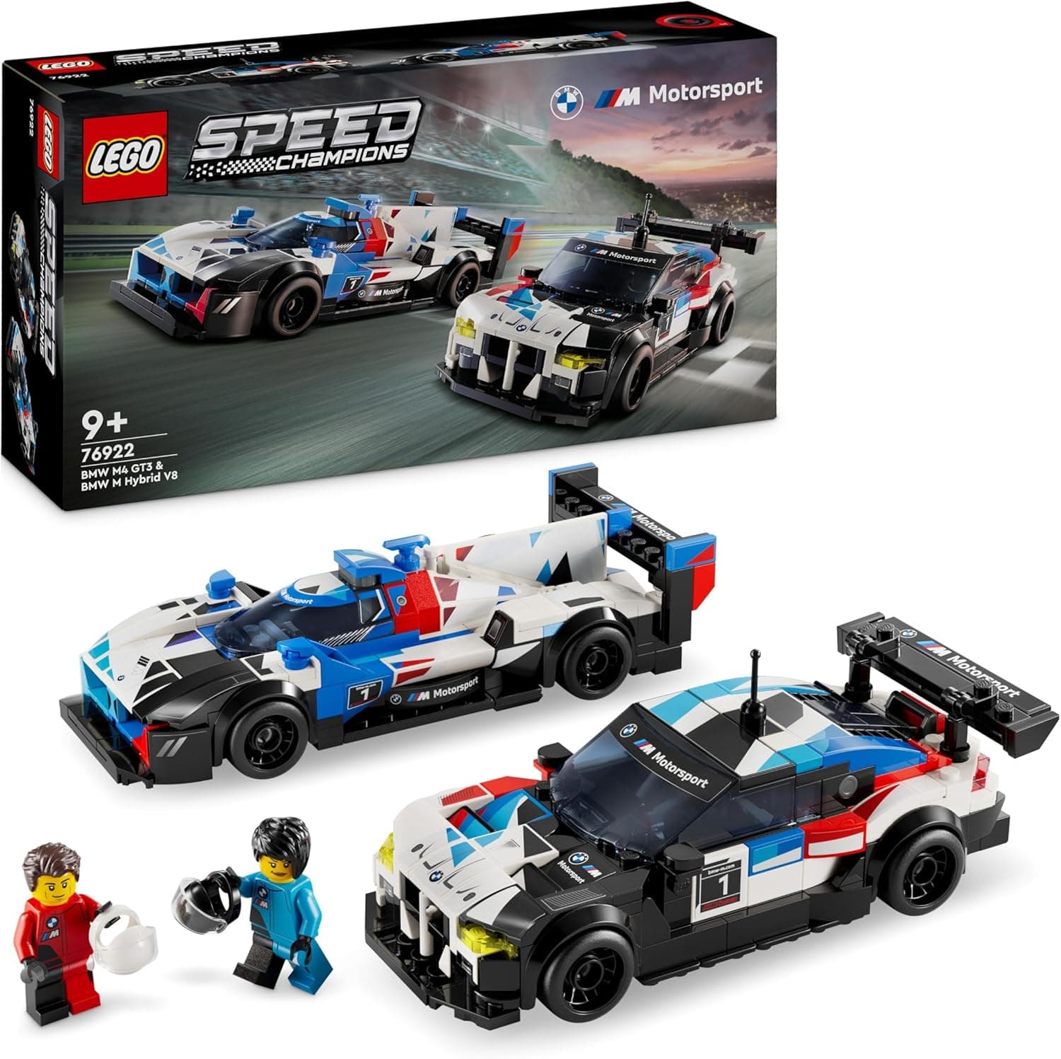 LEGO Speed Champions BMW M4 GT3 e BMW M Hybrid V8 veículos de brinquedo, 2 casacos de construção e 2 minifiguras de pilotos, presente para meninos e meninas de 9 anos ou mais 76922