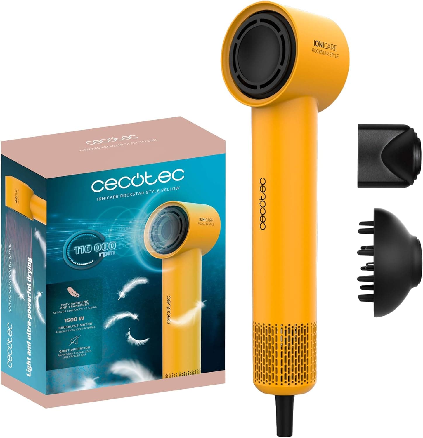 Cecotec Secador de cabelo Ionicare Rockstar Style Yellow, secador muito compacto e leve, motor 1500 W 11000 rpm, gerador de íões, 4 temperaturas, 3 velocidades, silencioso: Tecnologia Brushless
