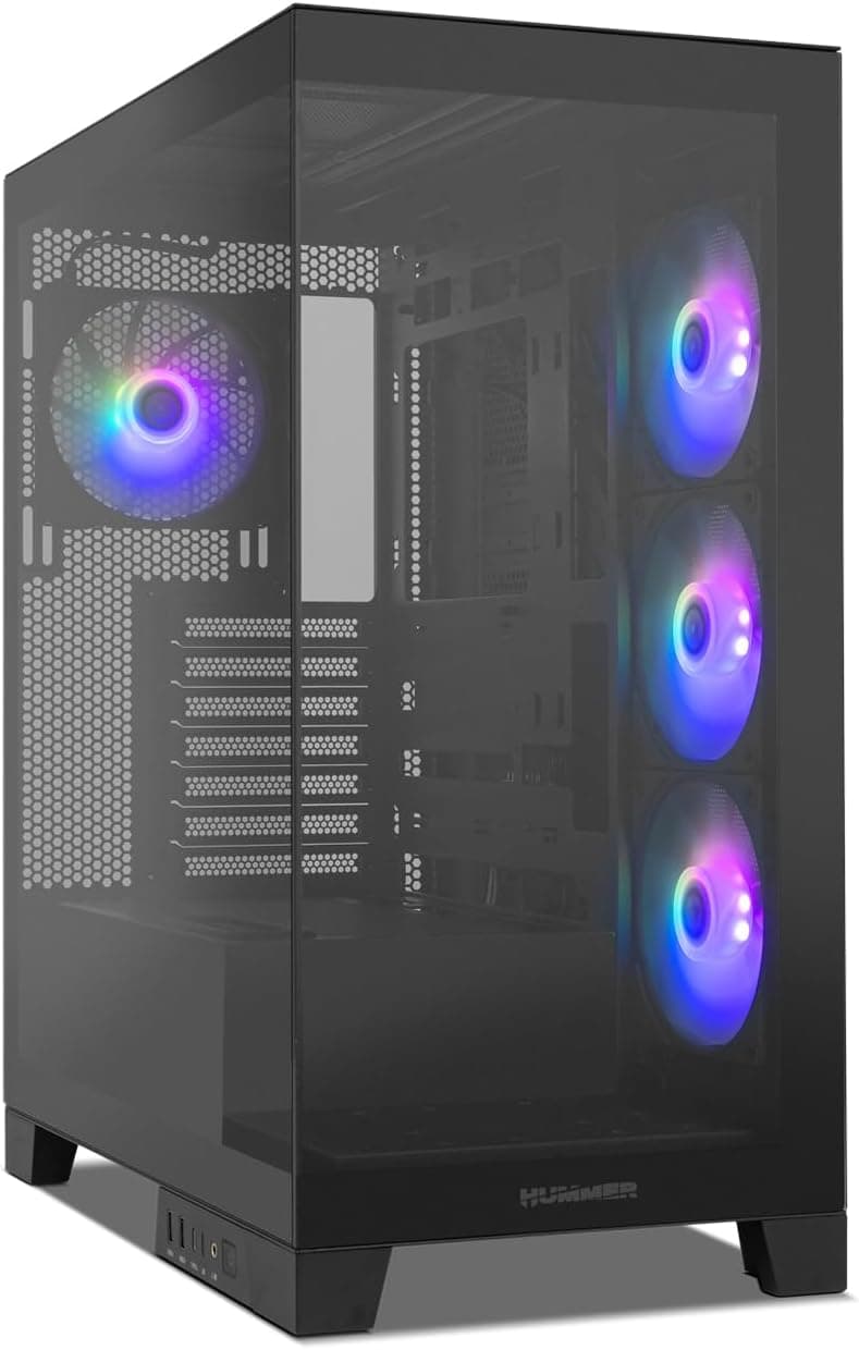 NOX XTREME PRODUCTS Hummer Glock Black Semitorre ATX, M-ATX, ITX, vidro temperado panorâmico frameless, espaço para 10 ventiladores, 4 x ventoinhas de 120 mm pré-instalados, USB-C e USB 3.0, preto