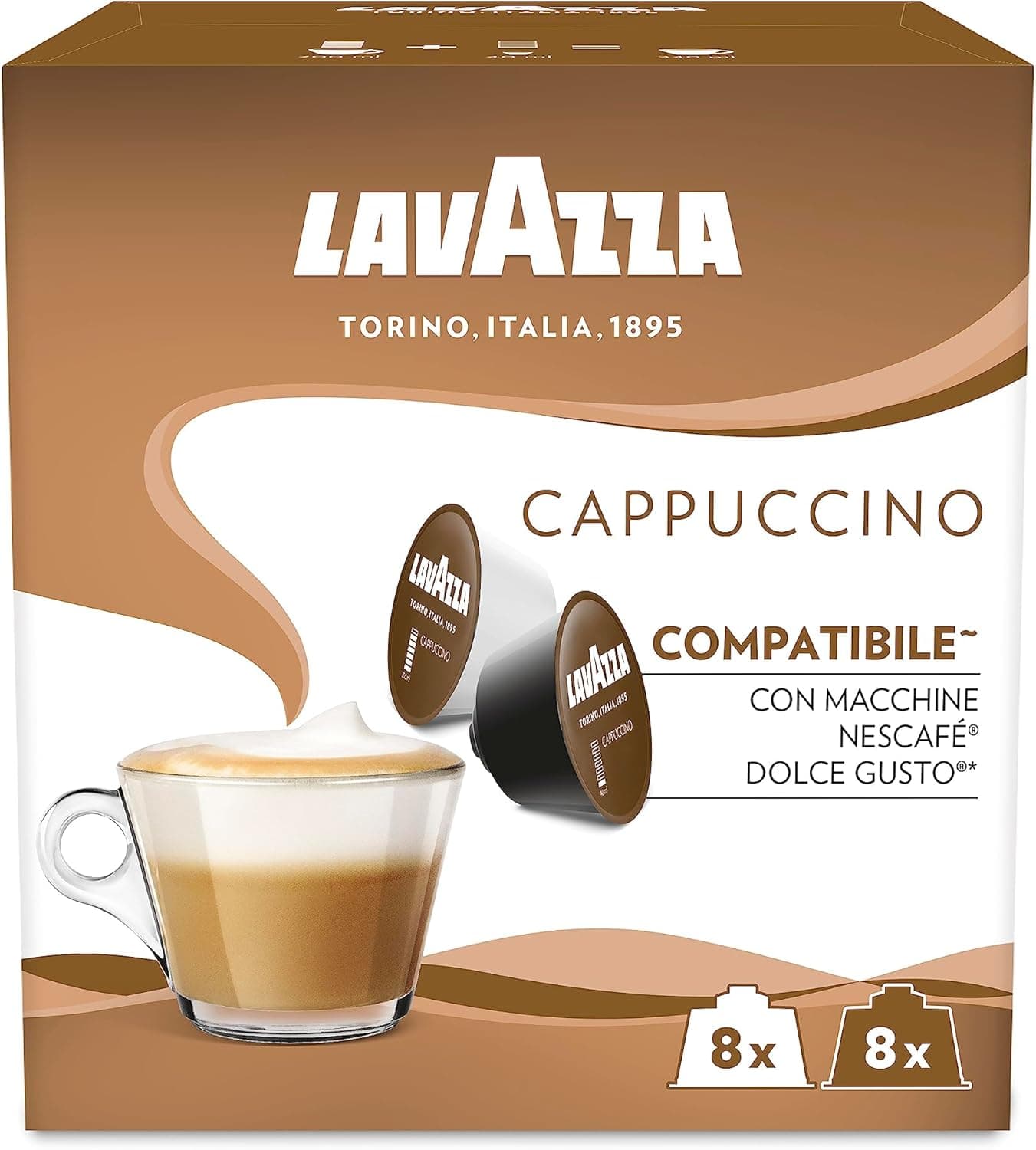Lavazza, Cappuccino, cápsulas compatíveis com máquina Nescafé Dolce Gusto, com notas aromáticas de frutos secos, árabes e robustos, intensidade 6/13, 16 cápsulas
