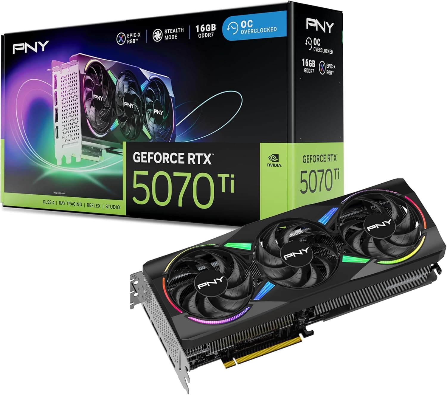 PNY GeForce RTX 5070Ti | Placa gráfica 16 GB ARGB overclock com 3 ventoinhas e DLSS 4