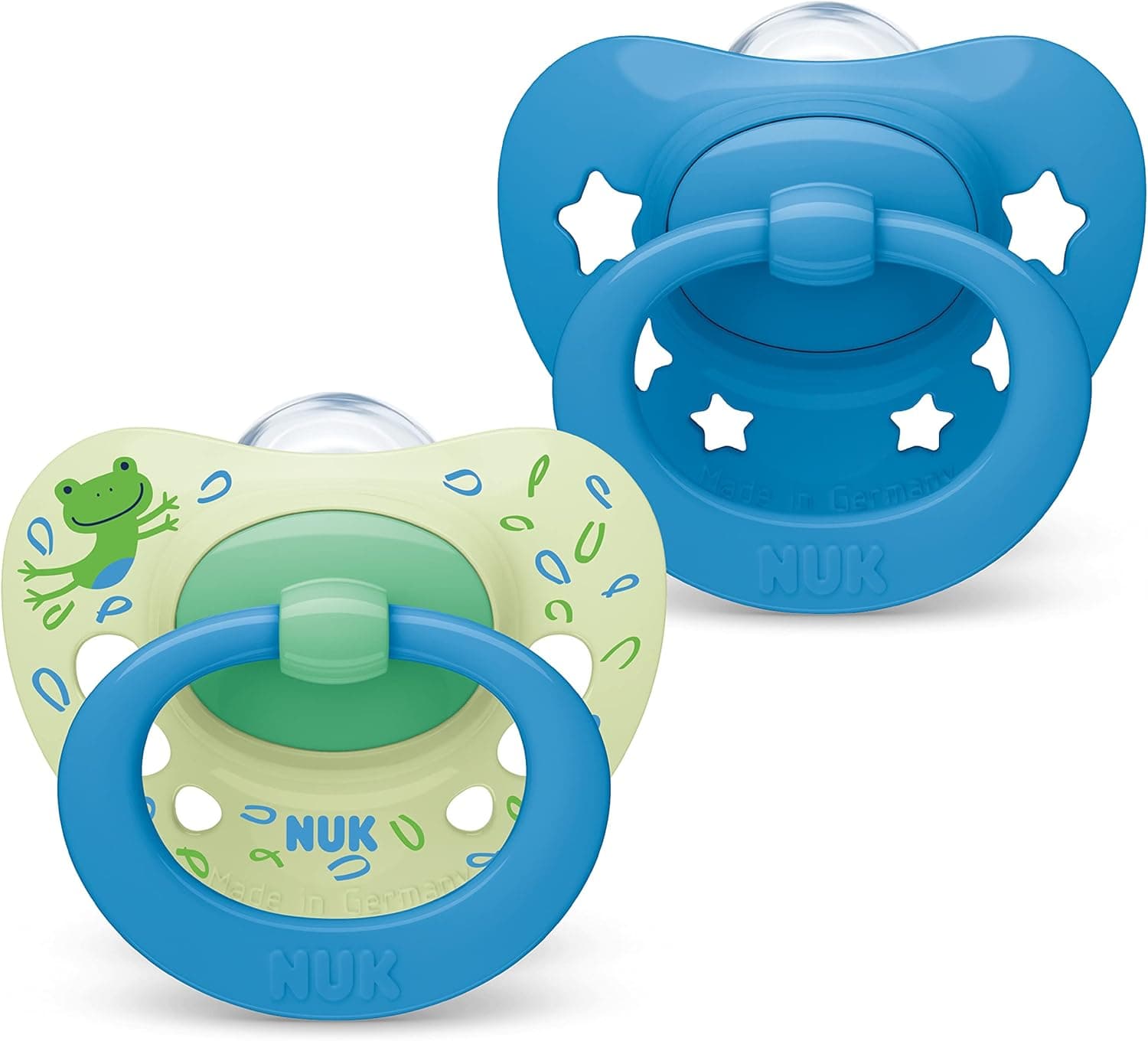 NUK Signature chupeta | 6-18 meses, 95% dos bebés, chupetes de silicone sem BPA em forma de coração, inclui capa, estrelas azuis, 2 unidades