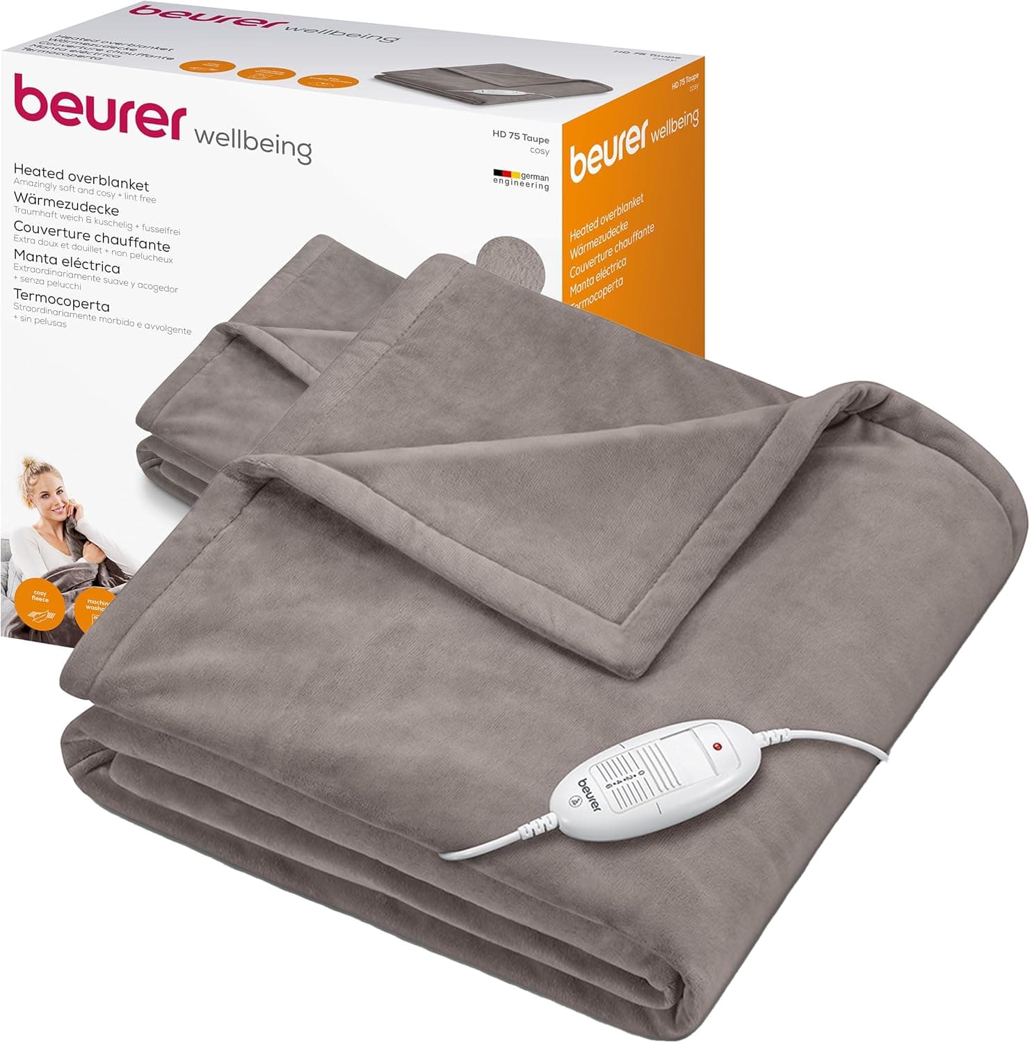 Beurer Manta elétrica HD 75, manta térmica aconchegante com 6 configurações de temperatura, sistema de segurança e desconexão automática, lavável na máquina, cor de toupeira, 180 x 130 cm