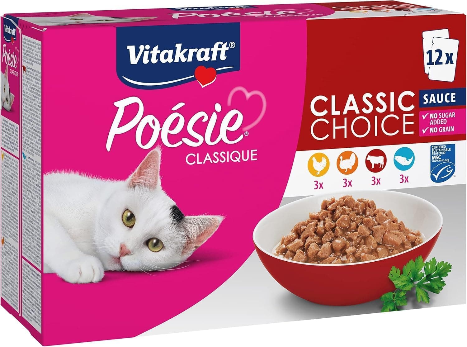 Vitakraft Poésie Classique | Comida húmida para gatos em molho com frango peru vitela e salmão sem açúcar nem cereais adicionados 12x85 g