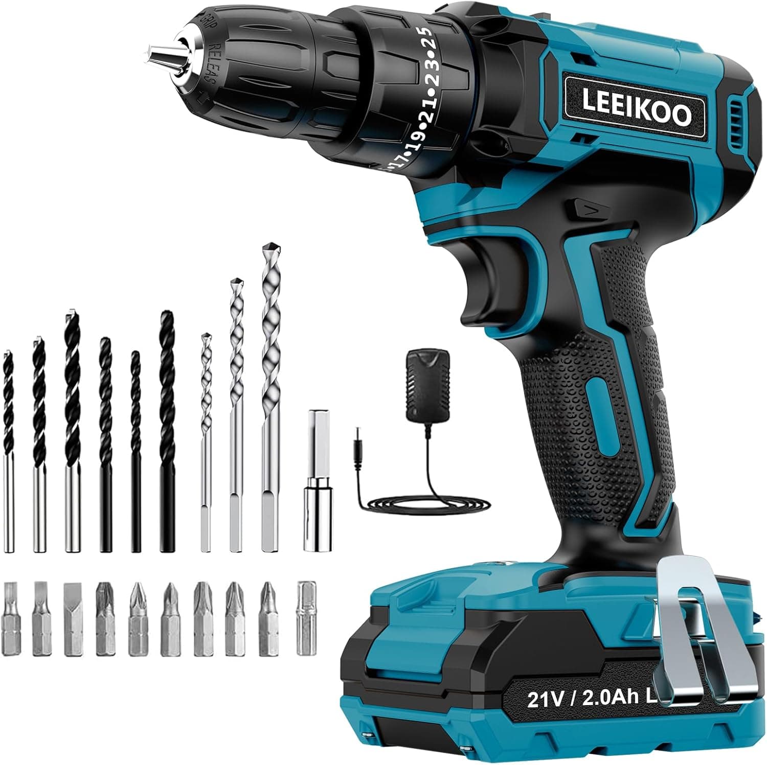 Broca de bateria 21 V, LEEIKOO Broca parafuso de bateria, 42 N.m parafuso elétrico com bateria 2,0 Ah, 25 3 ajuste de par, 24 acessórios, 2 velocidades, luz LED para casa, bricolage