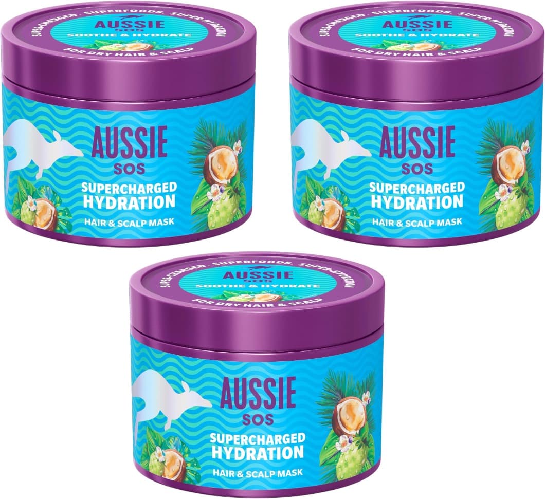 Aussie SOS Supercharged Hydration máscara para cabelo e couro cabeludo, alivia o couro cabeludo seco e hidrata o cabelo extremamente seco, 500 ml x 3