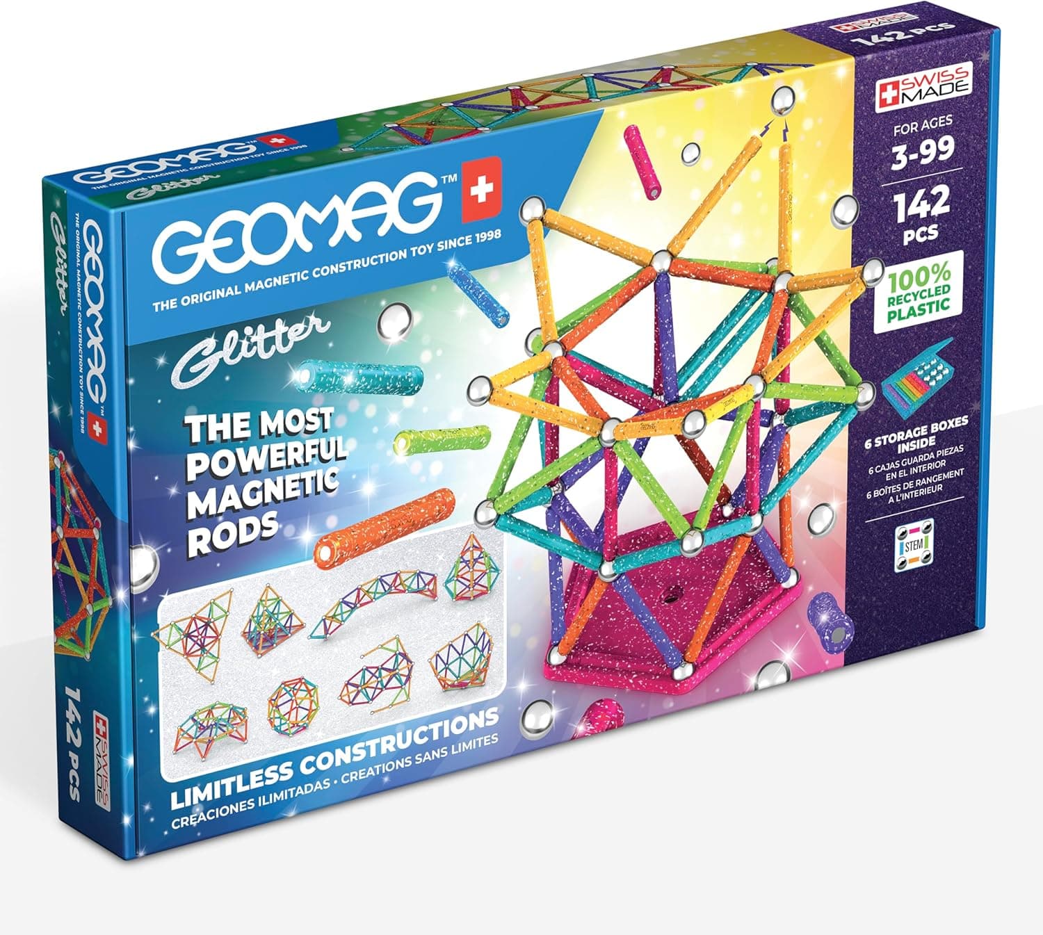 Geomag, Glitter Recycled, construção magnética com purpurina, barras magnéticas com purpurina e cores, embalagem de 142 peças, 100% plástico reciclado