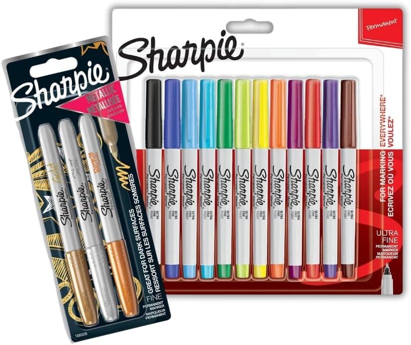 Sharpie Marcadores permanentes de ponta ultrafina (embalagem de 12) e marcadores permanentes metálicos de ponta fina (embalagem de 3) - tinta forte, durável e impermeável para papel, plástico e metal