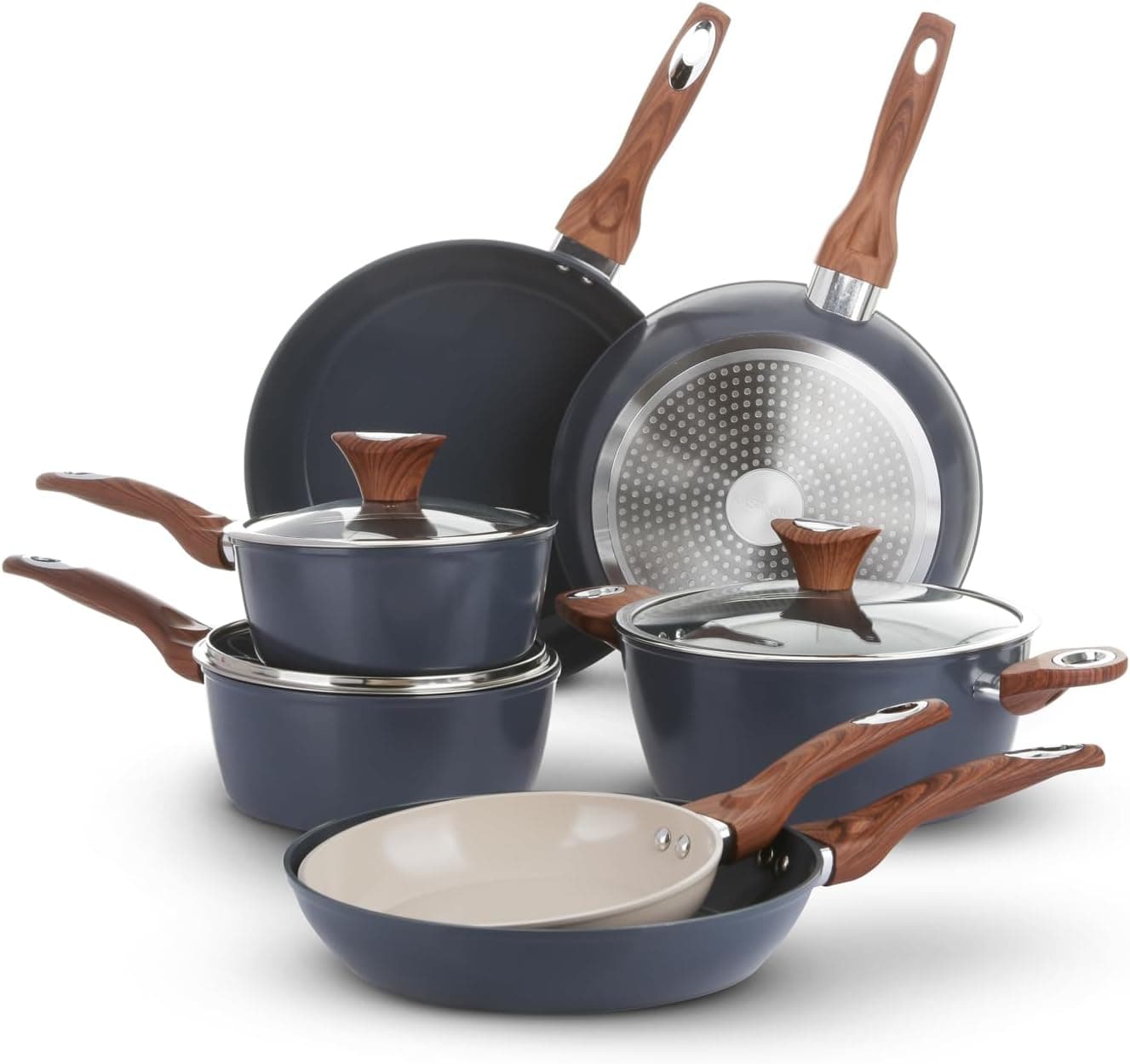 KASANOVA Bateria de panelas New Ceramic, conjunto de panelas para indução com revestimento cerâmico, conjunto de frigideiras antiaderentes e panelas com tampa de vidro (verde-azulado, 10 peças)