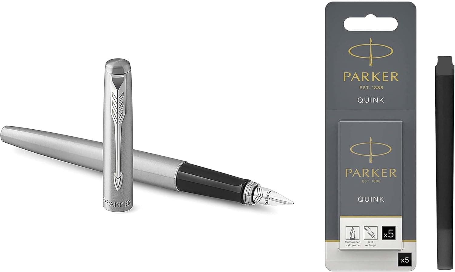PARKER Jotter Caneta estilográfica, corpo em aço inoxidável com ornamento cromado, penugem média e tinta azul Quink recargas para penas estilográficas, cartuchos compridos, tinta preta