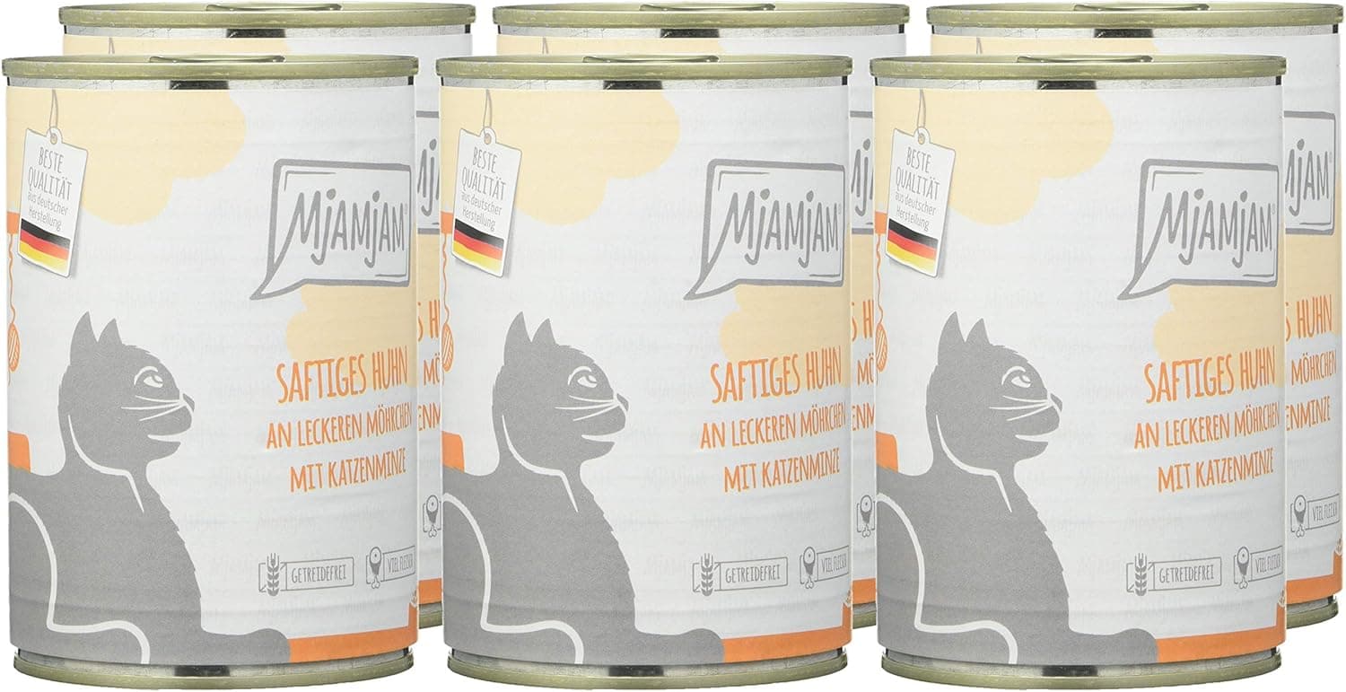 MjAMjAM - comida húmida premium para gatos - frango suculento com deliciosas cenouras, embalagem de 6 (6 x 400 g), sem cereais com extra de carne