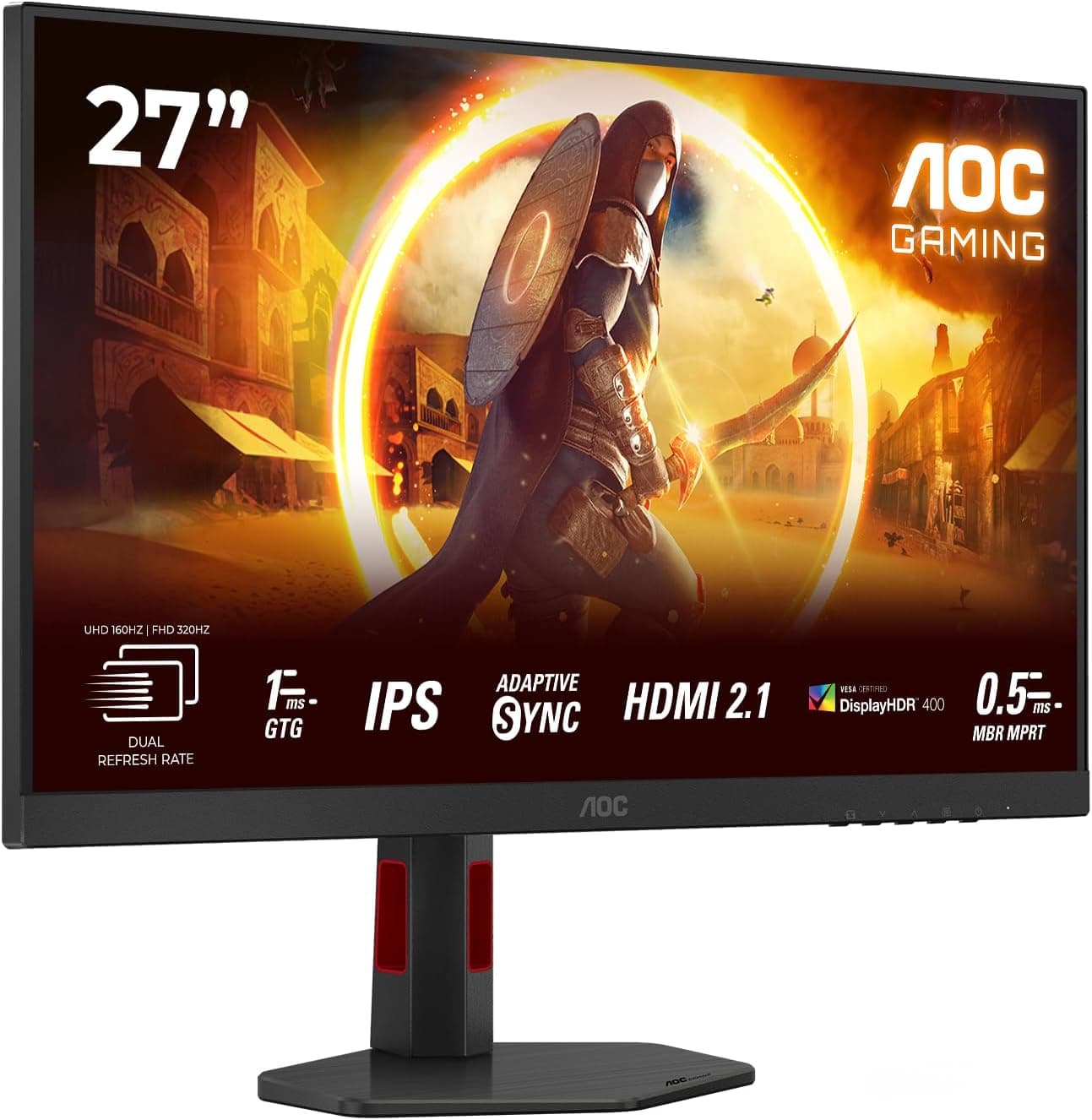 AOC Gaming U27G4R Monitor 4K Ultra HD de 27 polegadas, 160 Hz em UHD ou 320 Hz em FHD, Frame duplo, 1 ms, compatível com G-Sync, HDR400 (3840x2160, 2X HDMI 2.1, 1, 1. x Display Port 1.4, hub USB)