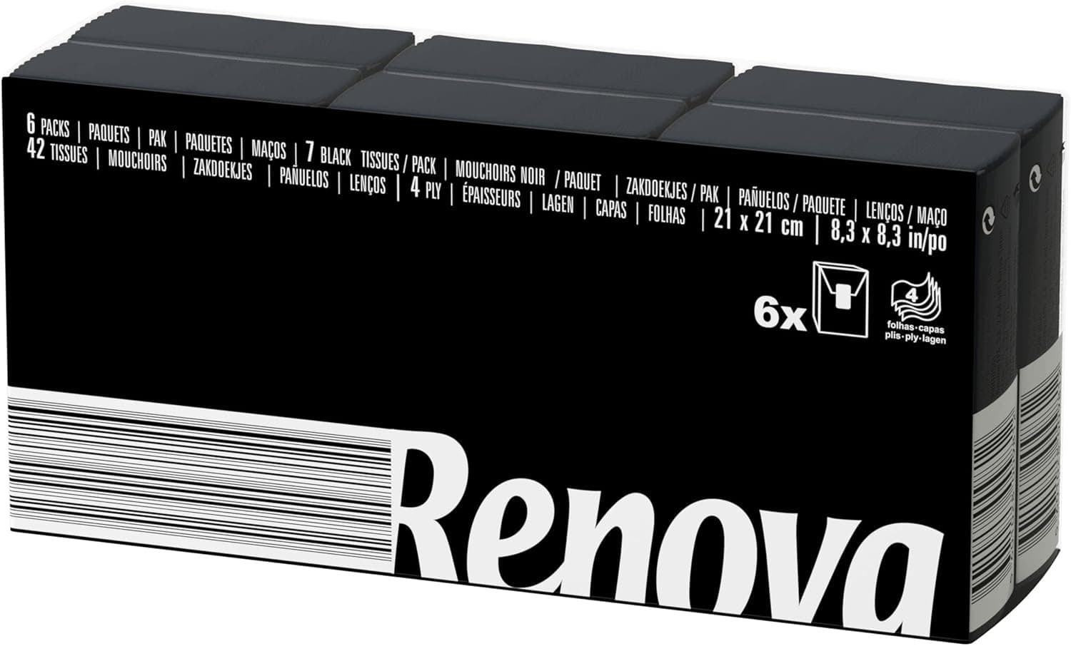 Renova Compact Black | Lenços de bolso pretos em 6 embalagens de 7 unidades