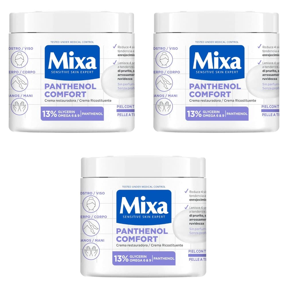 Mixa Panthenol Comfort | Creme hidratante corporal para pele atópica e sensível com glicerina e pantenol, 400 ml x 3
