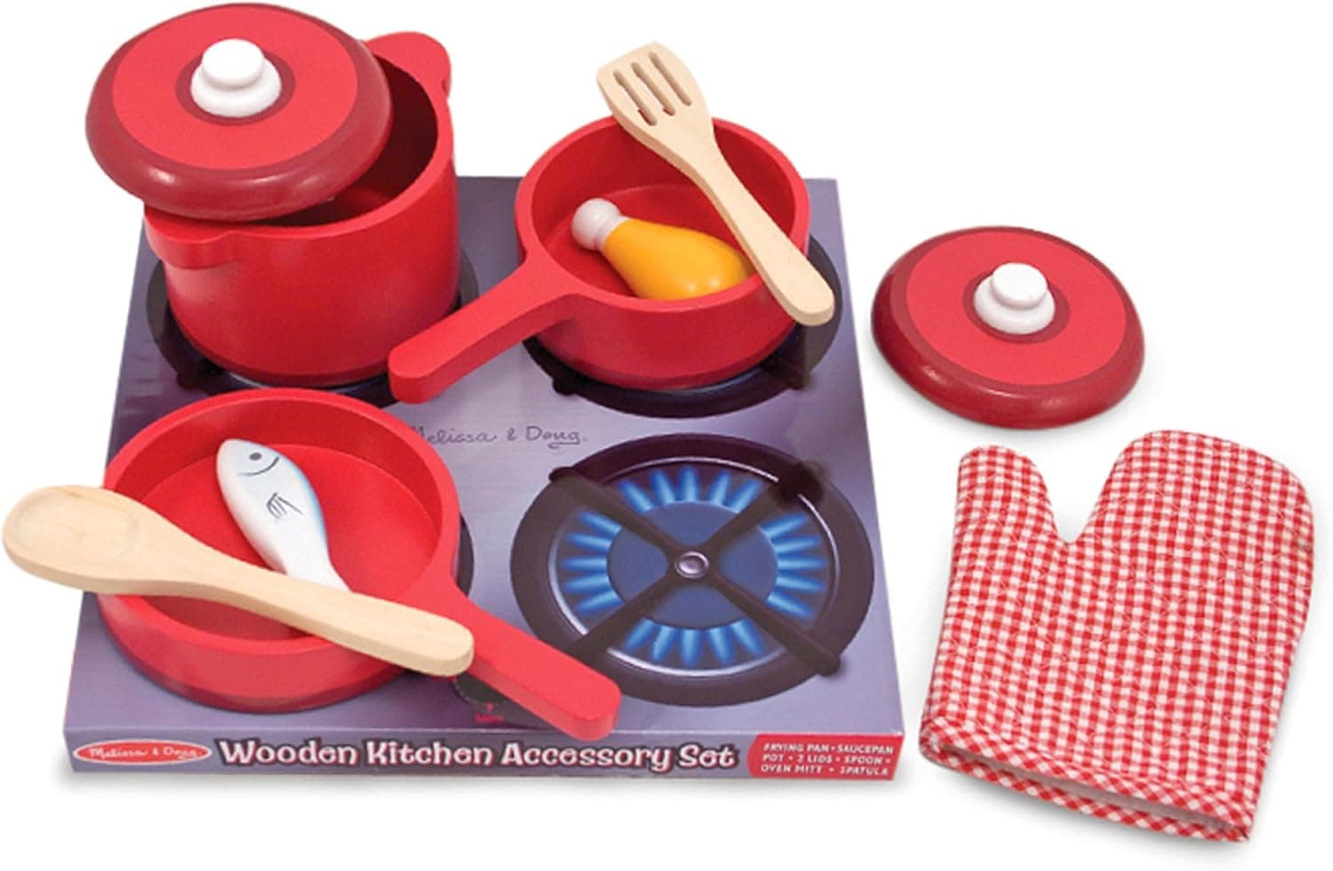 Melissa & Doug Conjunto de panelas e frigideiras de madeira, conjunto de imitação, brinquedo criativo, acessórios de cozinha para crianças, brinquedos de madeira, presente para meninos e meninas de 3