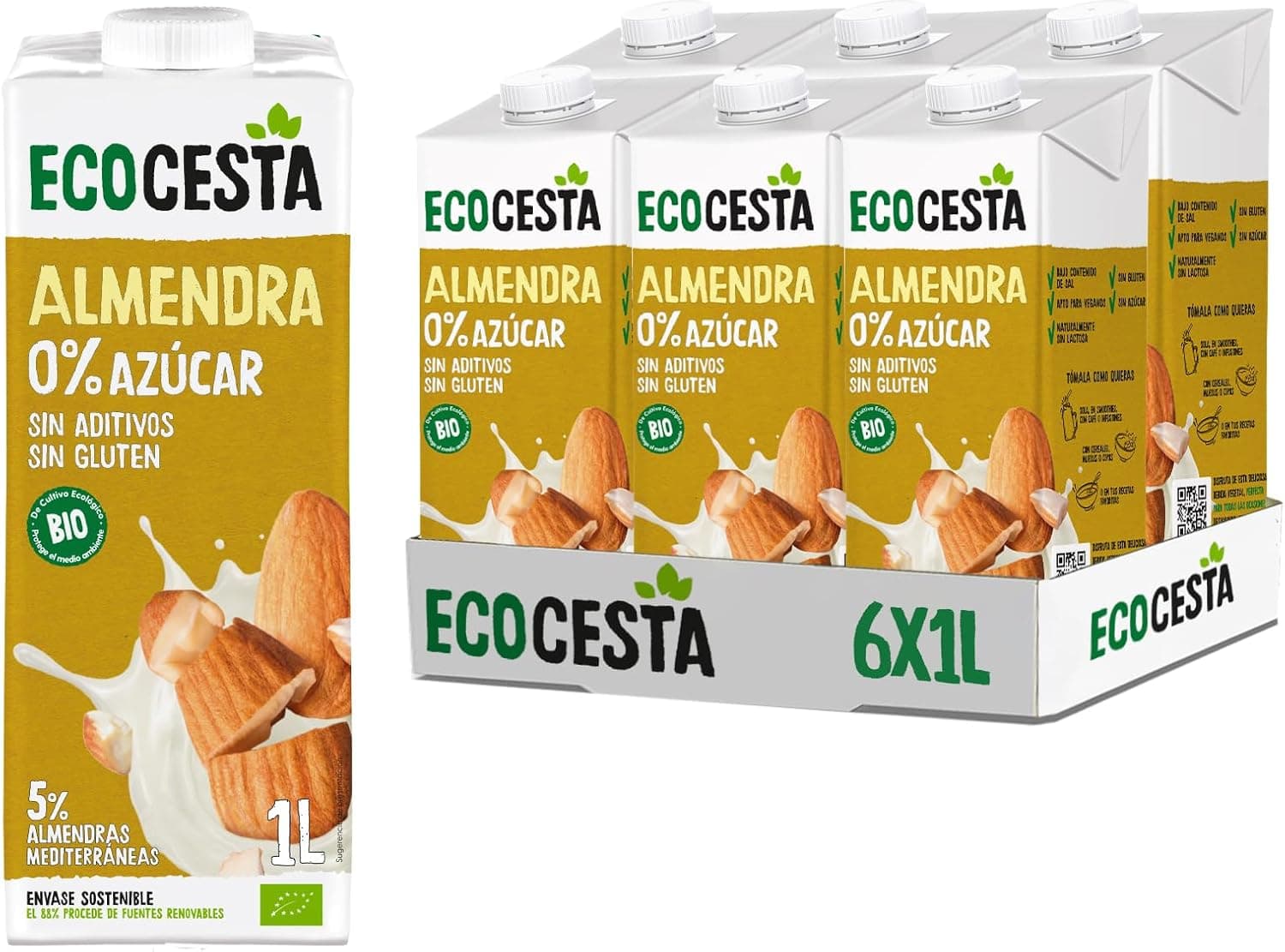 Ecocesta - Pacote de 6 unidades de 1 L de bebida ecológica vegetal de amêndoa, sem açúcar adicionado e sem glúten - adequado para veganos