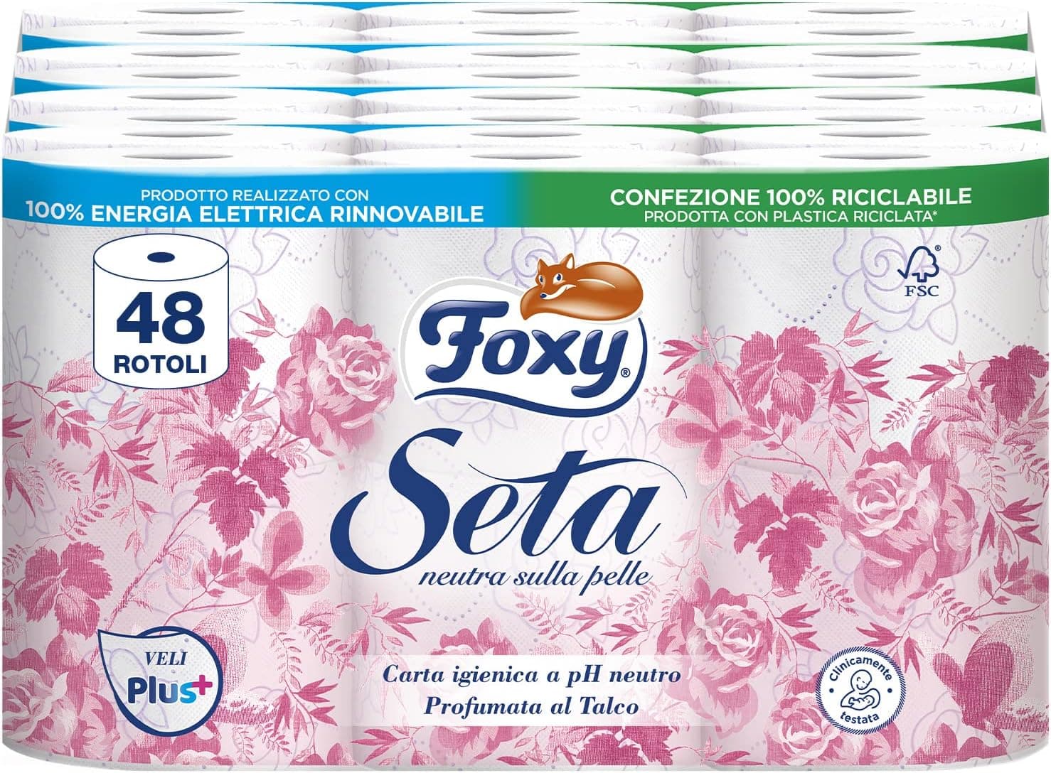 Foxy Seda | Papel higiénico 200 folhas x 48 rolos, 2 camadas de alta espessura | Embalagem reciclável fabricada com plástico reciclado