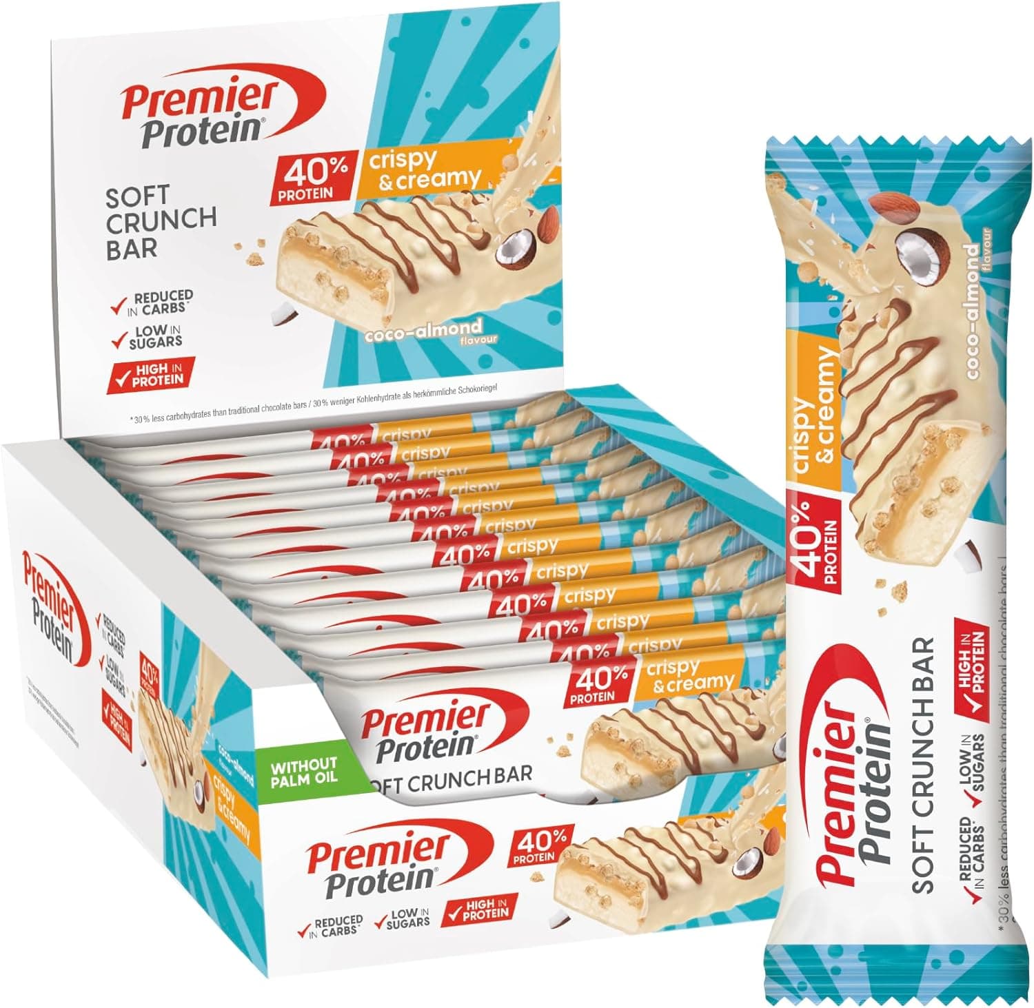 Premier Protein Soft Crunch Bar | Barra proteica de coco e amêndoa com baixo teor de açúcar e hidratos, sem óleo de palma, 12 unidades de 40 g