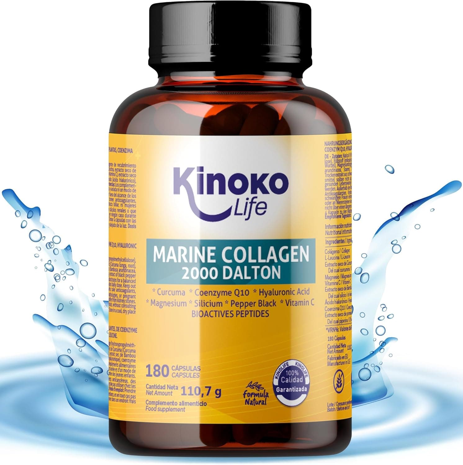 Colágeno-marinho 180 cápsulas 2000 Dalton - colagénio marinho HIdrolizado puro com ácido hialurónico, curcuma, magnésio, vitamina C, silício, CoQ10, pimenta preta para conforto articulações