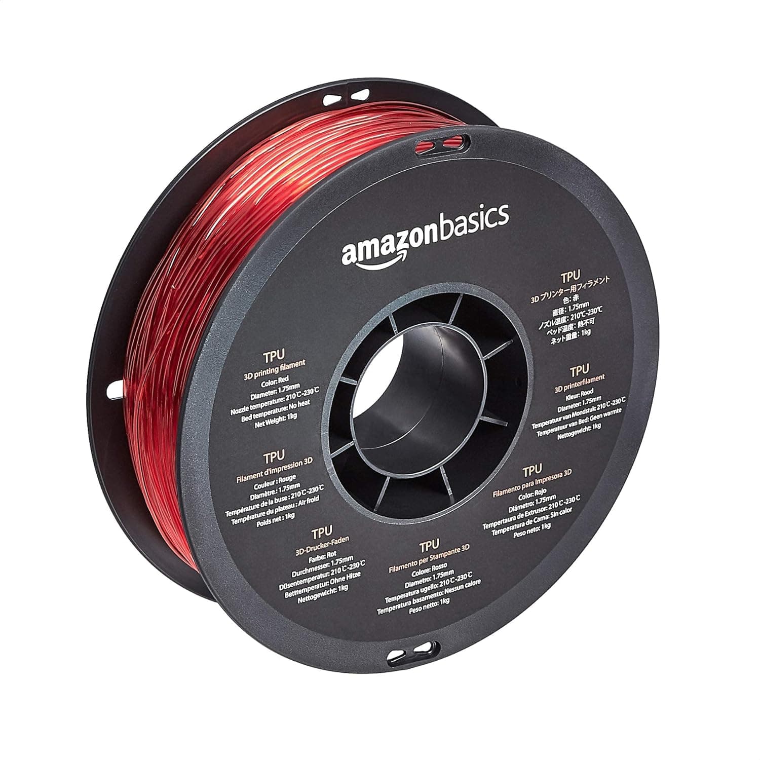Amazon Basics - Filamento para impressora 3D, poliuretano termoplástico (TPU), 1,75 mm, fita de 1 kg (2,2 lb), 1,75 mm, vermelho