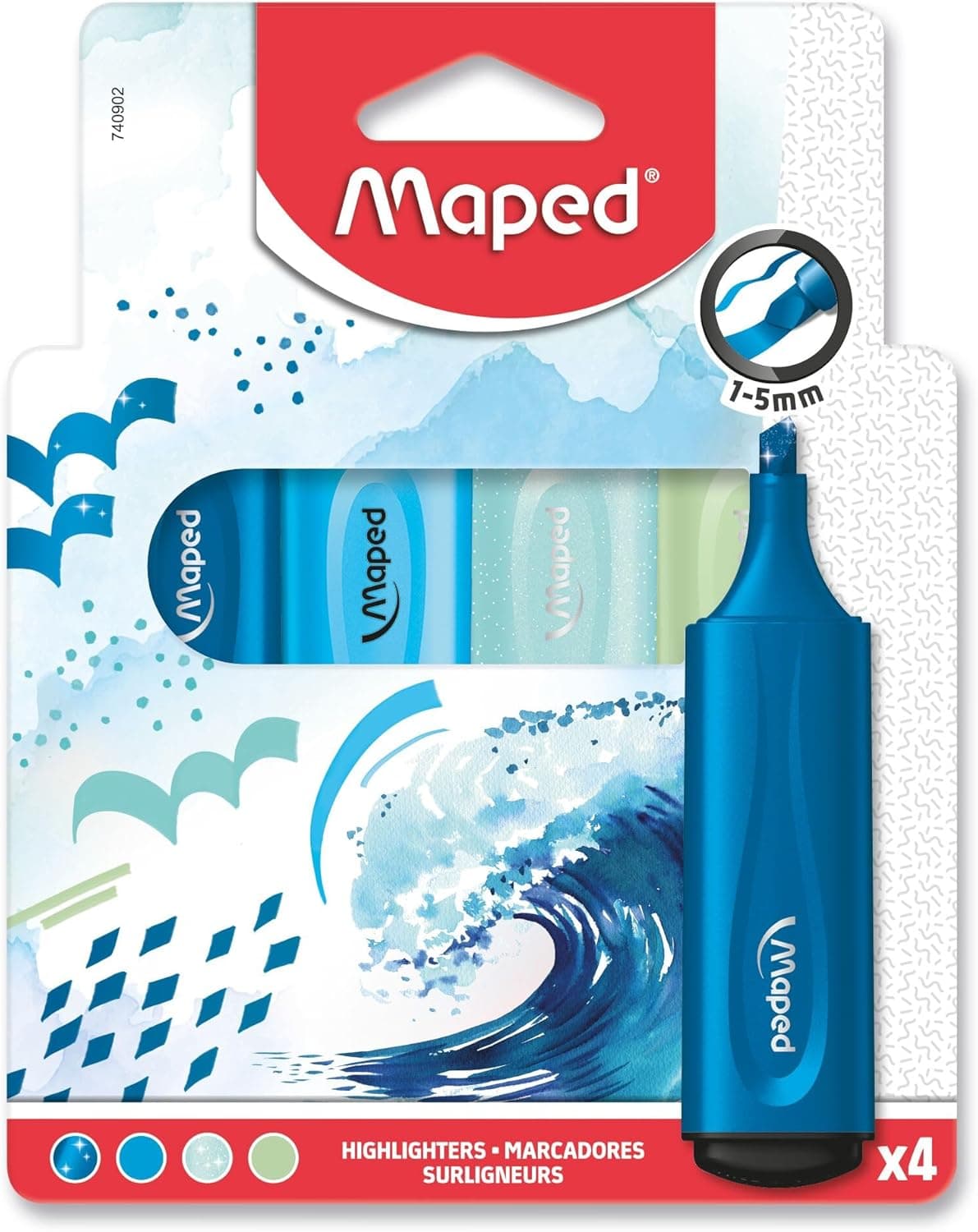 Maped 4 marcadores Fluo'Peps – Ponta chanfrada, sublinhadores de longa duração, uso escolar e profissional, realçadores de cores pastel, fluos e tinta de purpurina, tema oceano azul/verde