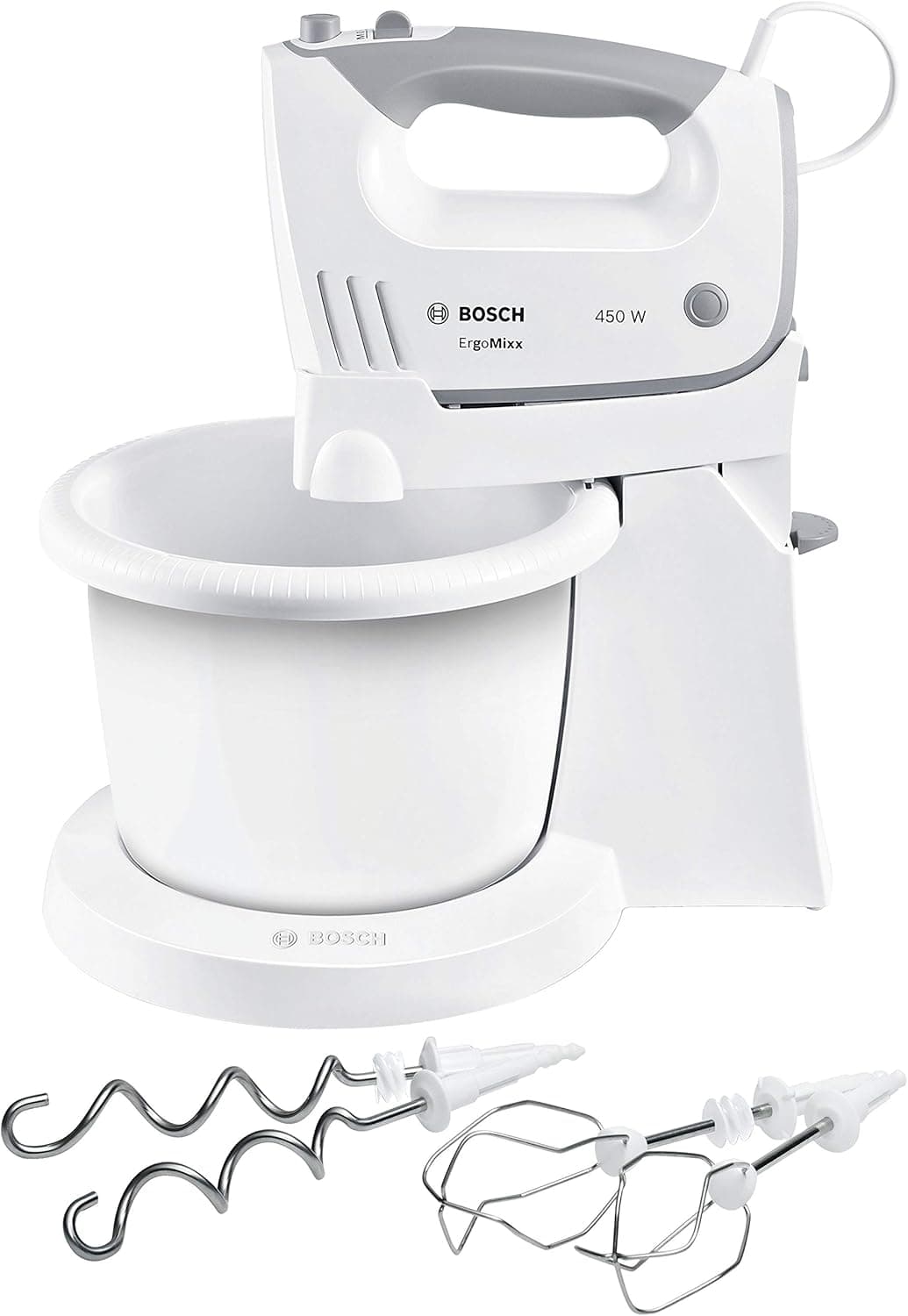 Bosch ErgoMixx MFQ36460, Liquidificadora e amassadora para substituição, 450 W, varetas de batedeira, ganchos para amassadores e bola giratória, cor branca